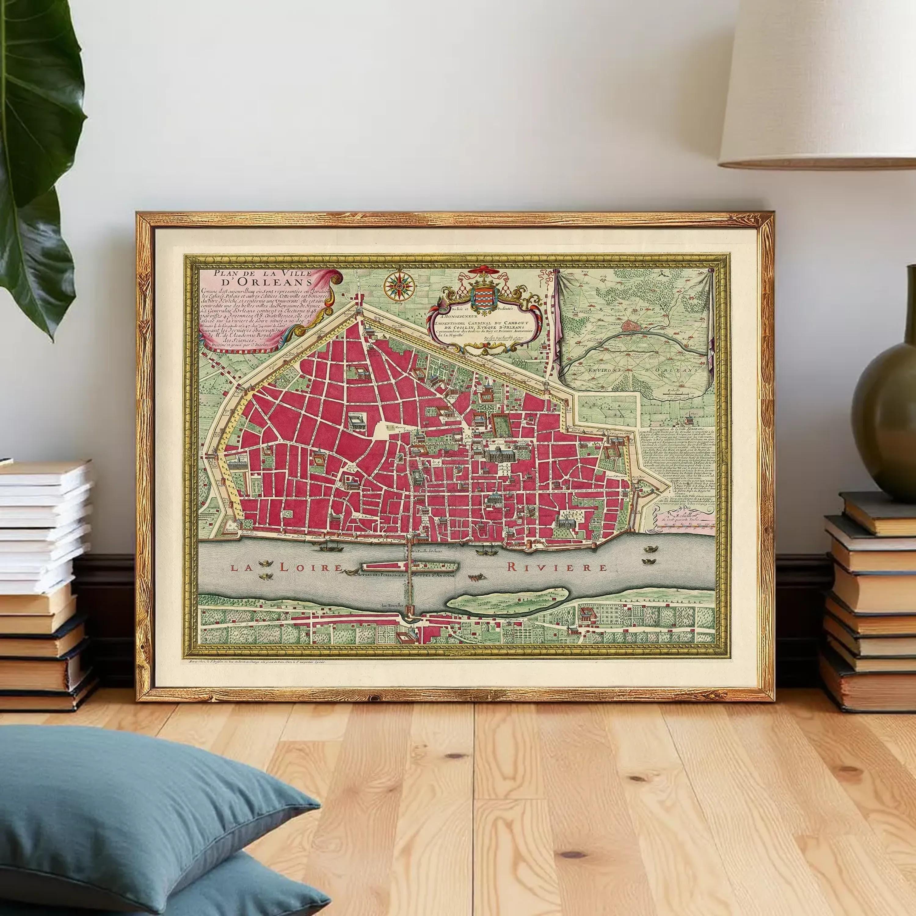 The image is a framed vintage map of a city, likely Paris, with a red and green color scheme.