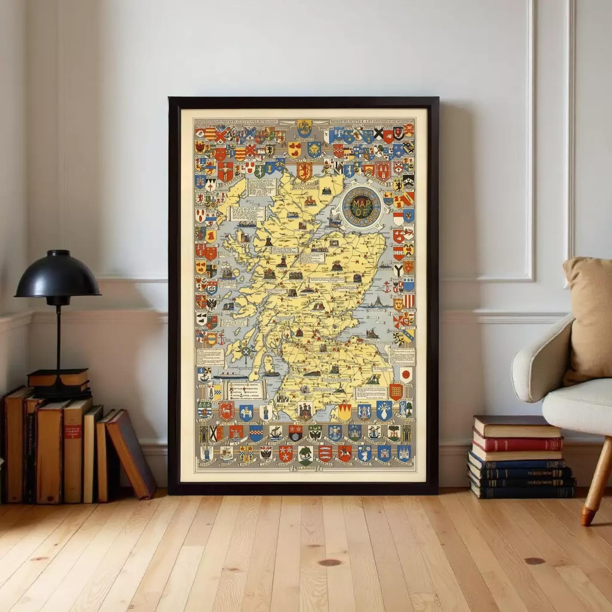a large framed map of Scotland, with various symbols and icons representing different regions, landmarks, and cultural elements.