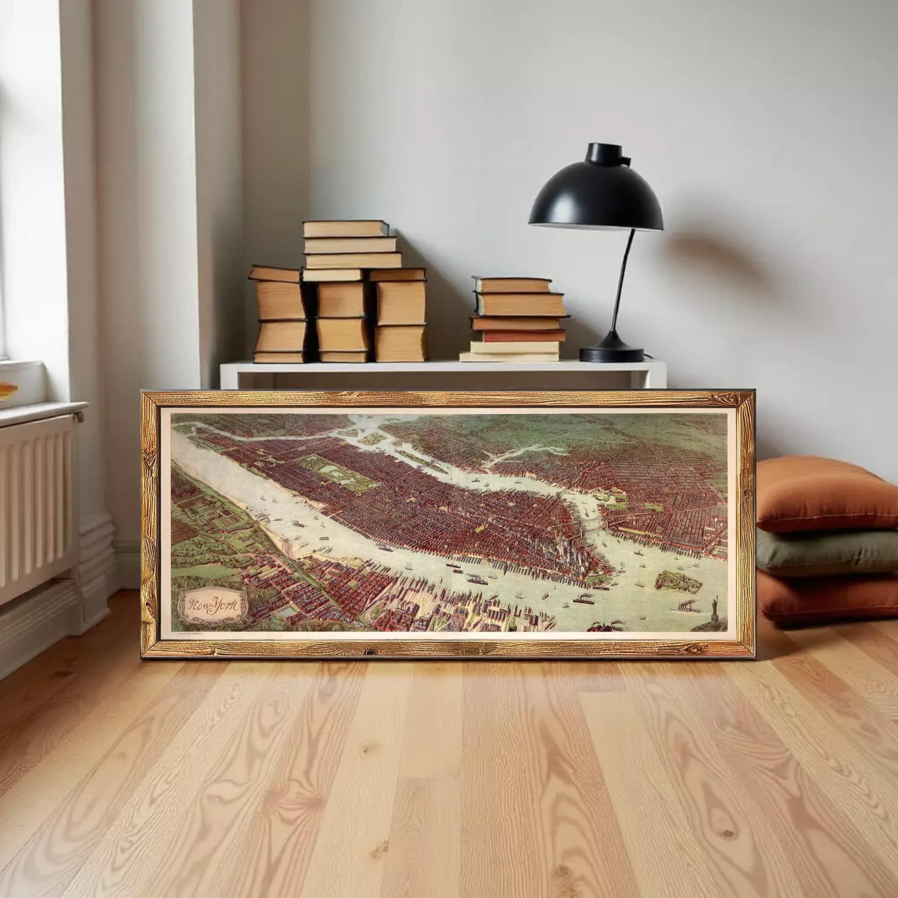 The image is a framed painting depicting a cityscape with a river running through it.