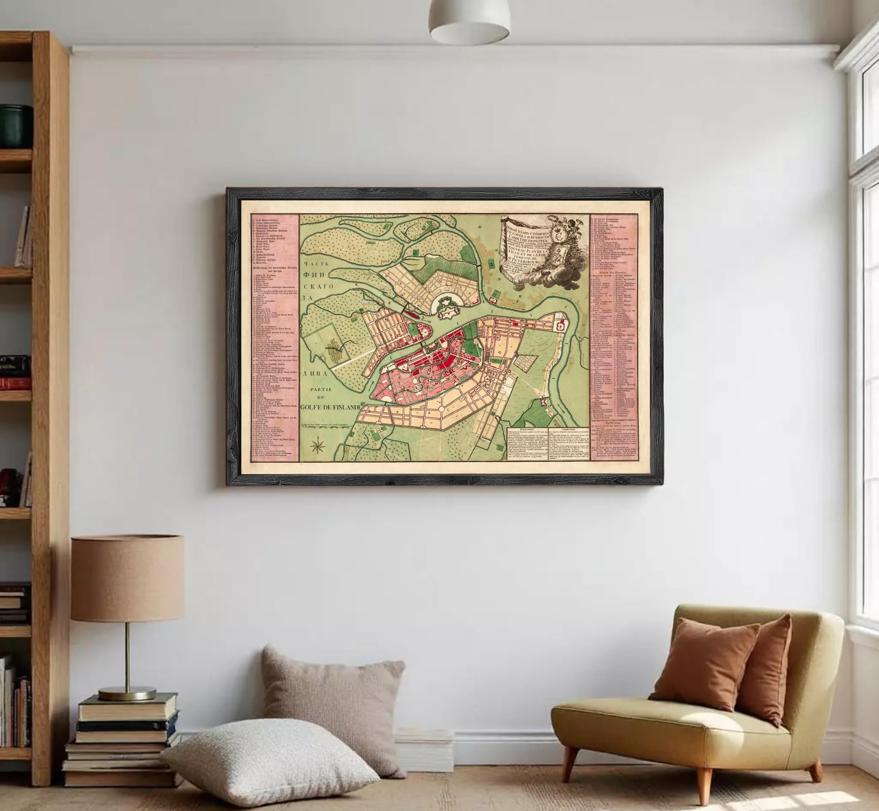 The image is a framed map of a city, likely a historical or geographical map, displayed on a wall.
