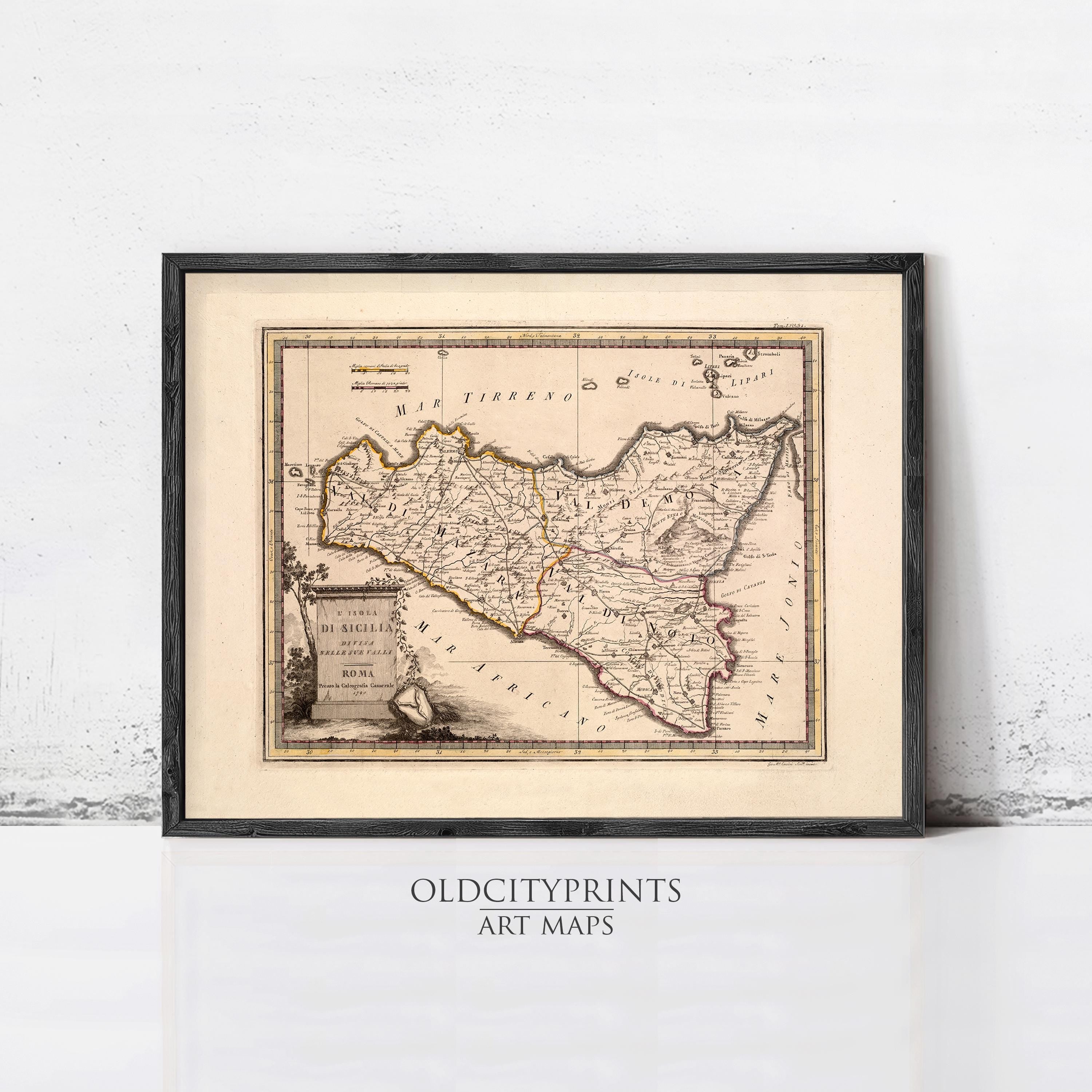 The image is a framed antique map of Italy, depicting the country's geographical layout and boundaries.