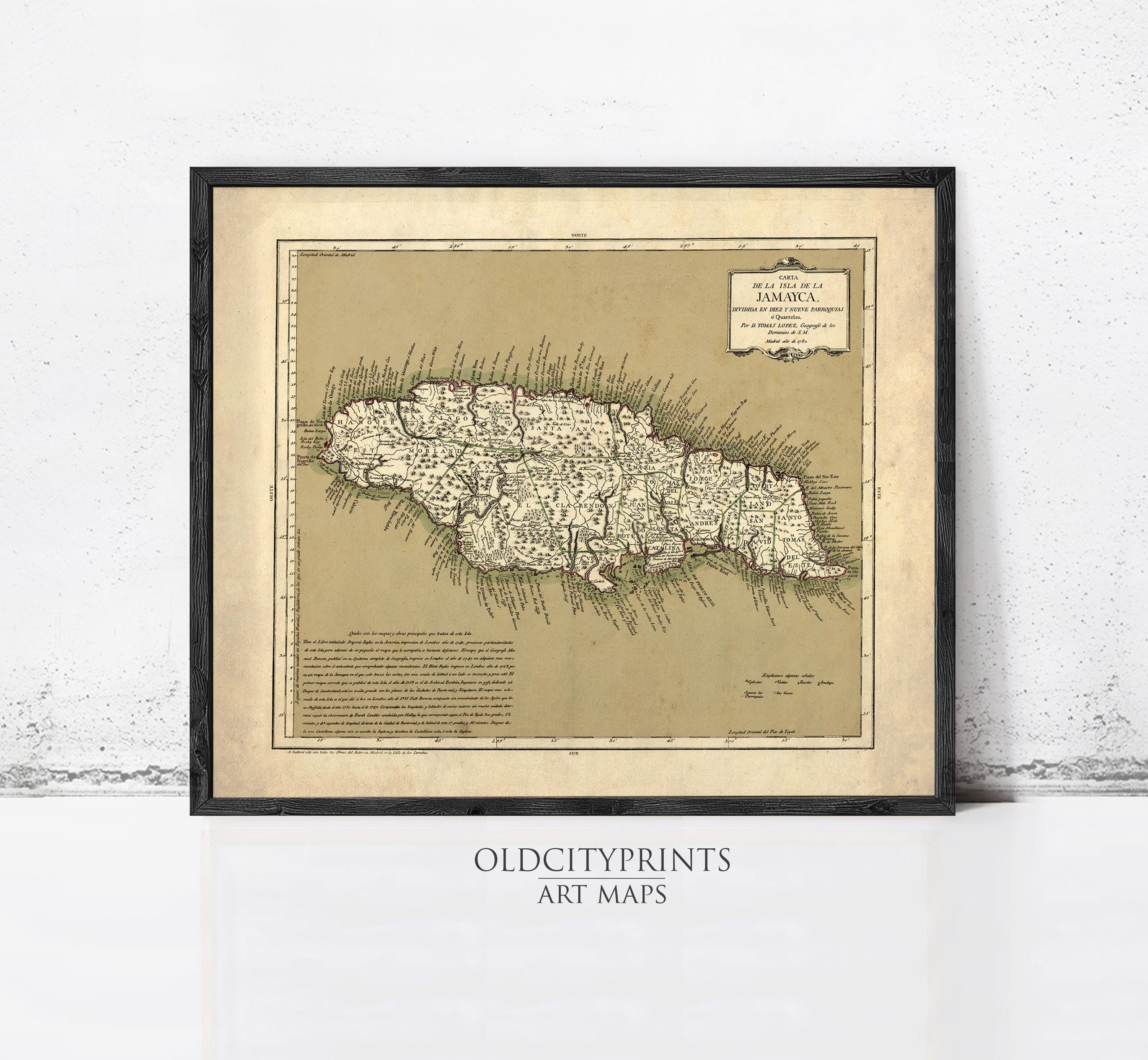 The image is a framed vintage map of Jamaica, depicting the island nation in a detailed and intricate manner.