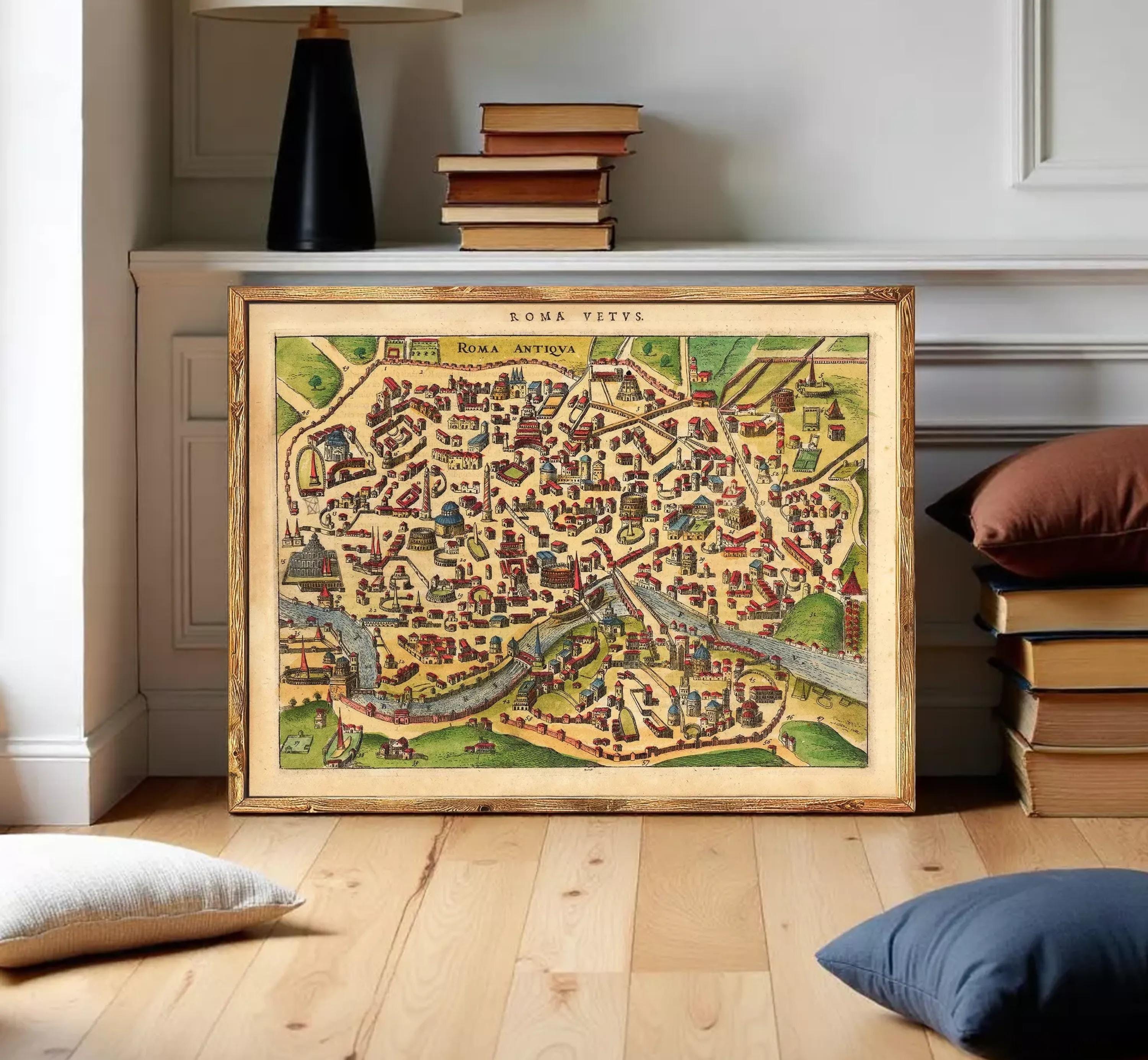 The image is a framed vintage map of Rome, Italy, depicting the city's layout and surrounding areas.