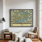 The image is a framed vintage map of the world, depicting various landmarks and locations.