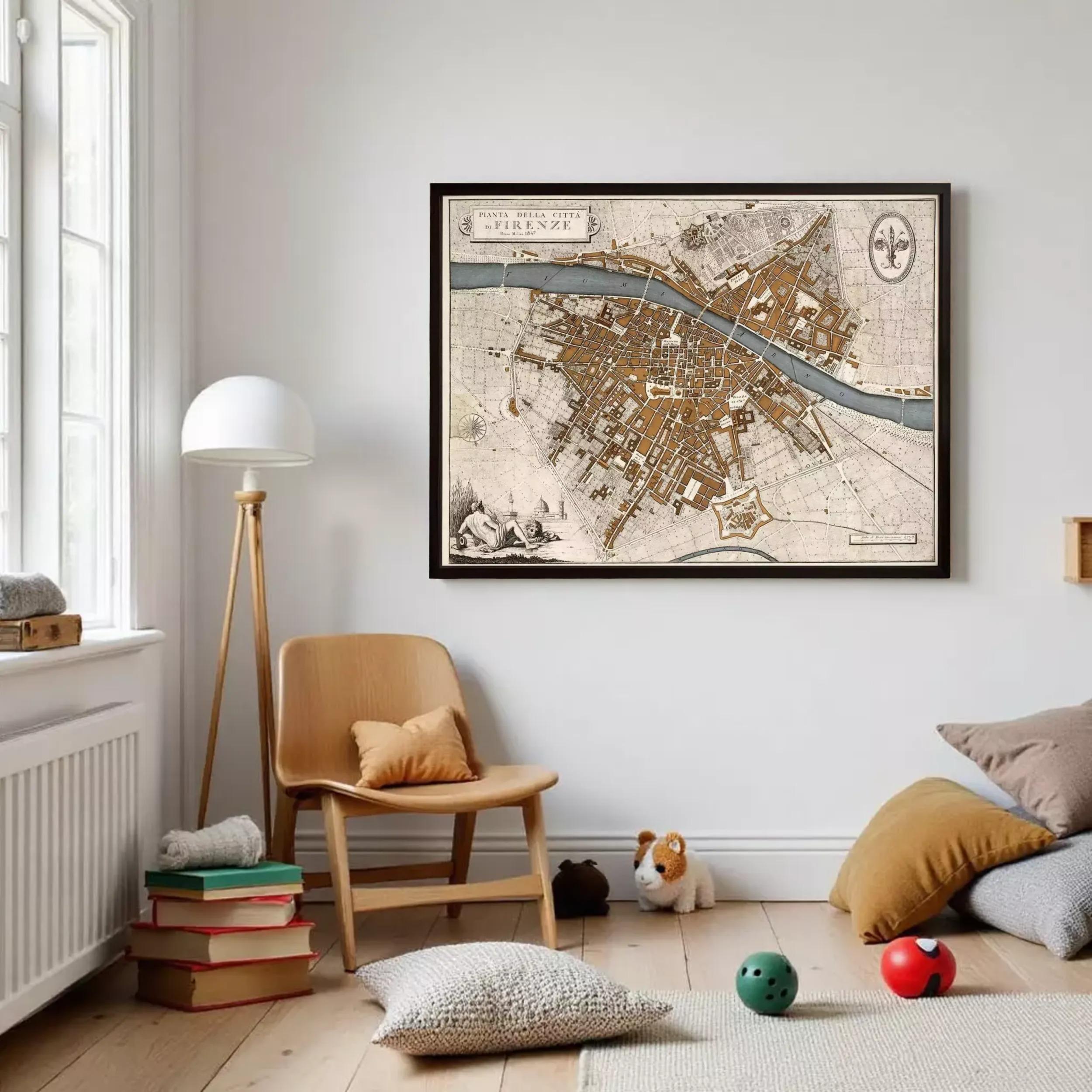 a cozy living room with a large framed map of a city hanging on the wall. The room is furnished with a wooden chair, a lamp, and a stack of books. There are also some stuffed animals and toys scattered around the room, creating a warm and inviting atmosphere.