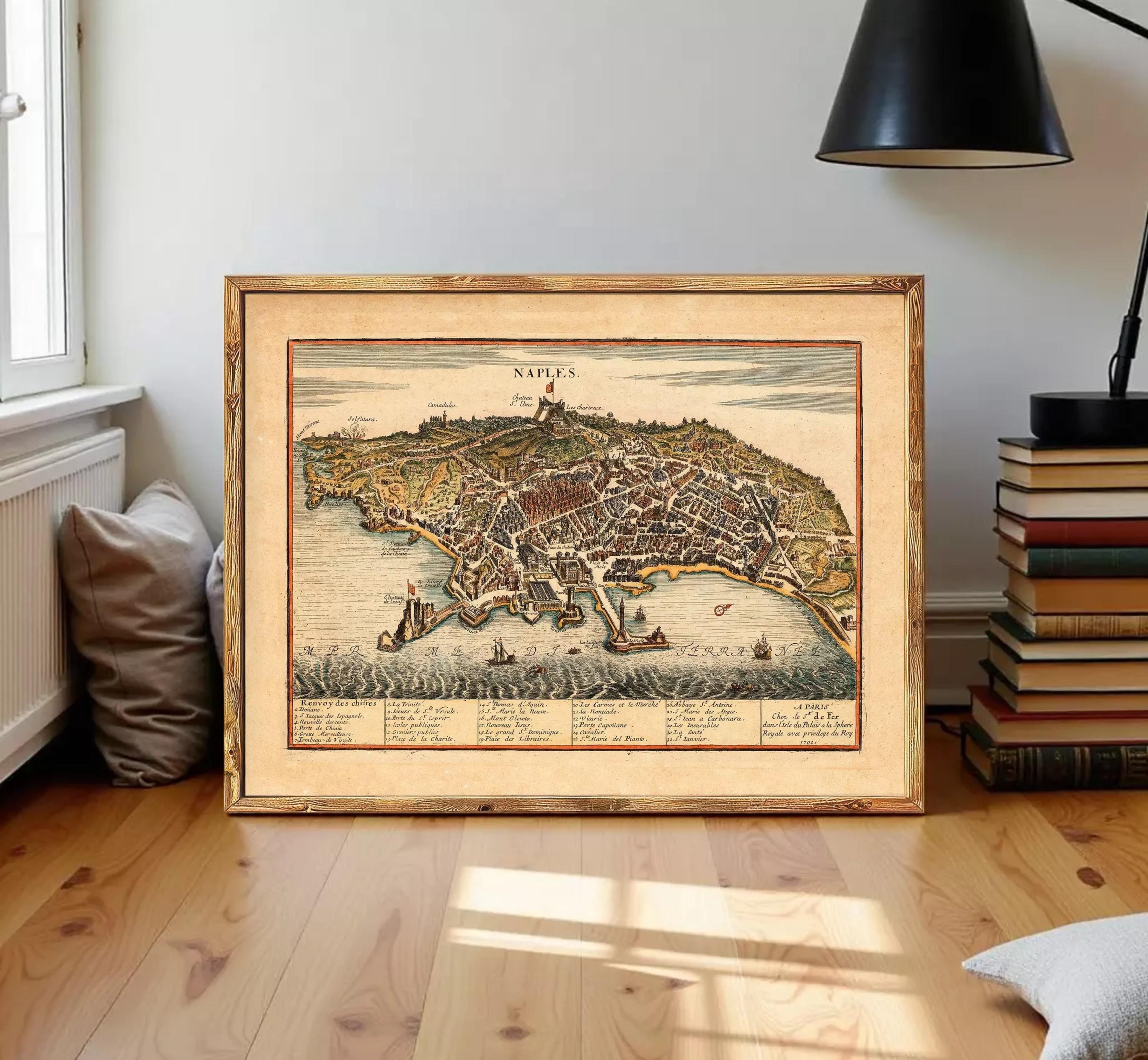 The image is a framed vintage map of Napoli, Italy, depicting the city's layout and surrounding areas.