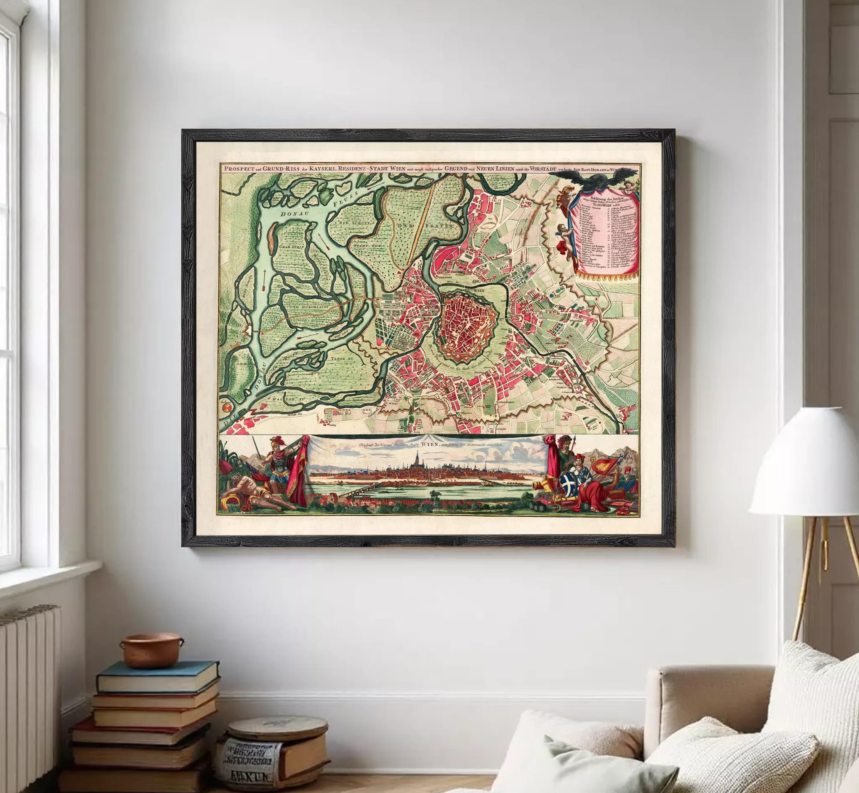 The image is a framed vintage map of a city, depicting a detailed layout of the streets, landmarks, and surrounding areas.