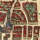 The image is a detailed map of a city, showing various buildings and structures in a stylized manner.