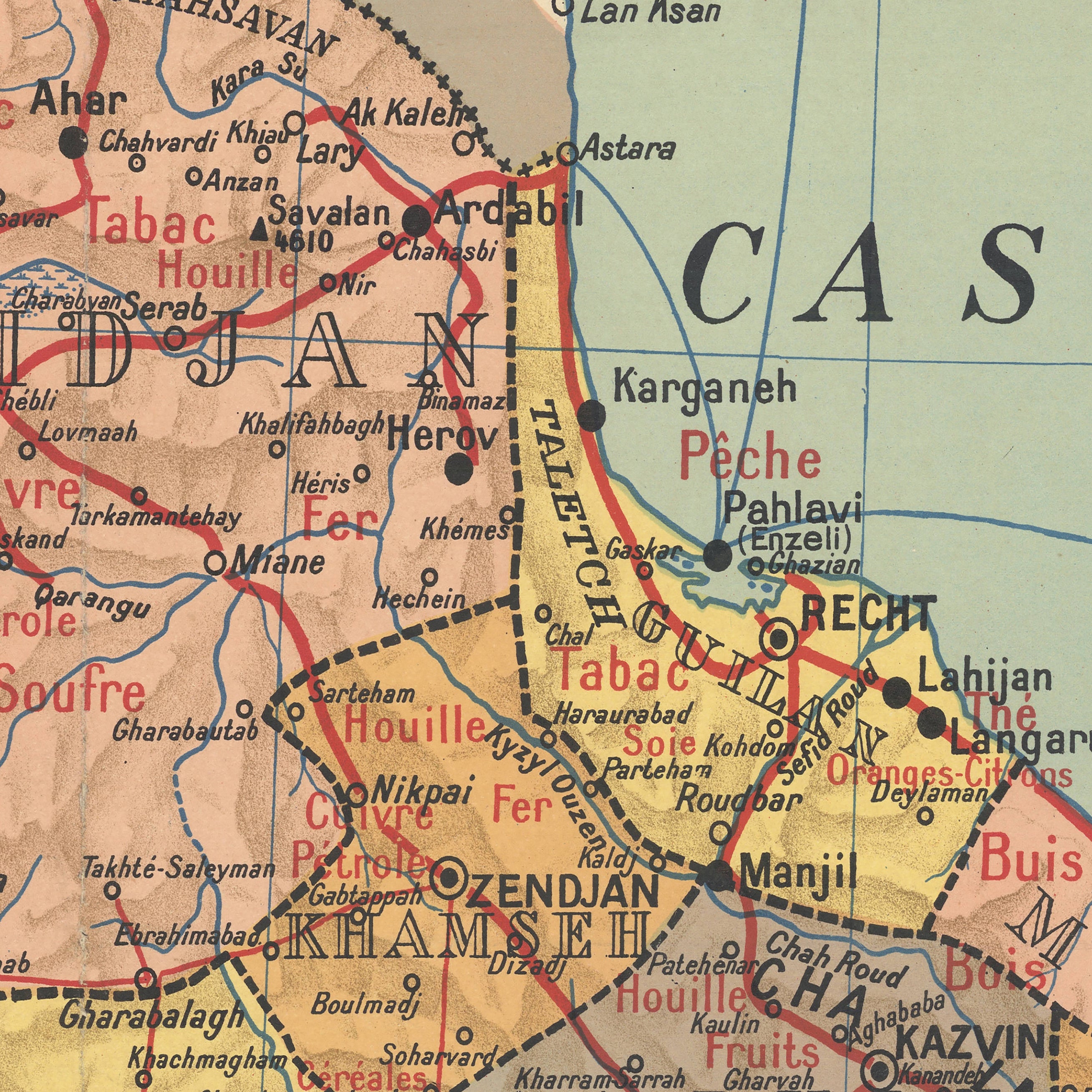The image is a vintage map showing the borders and locations of various regions and cities, including Cas, Karganeh, and Tafatech.