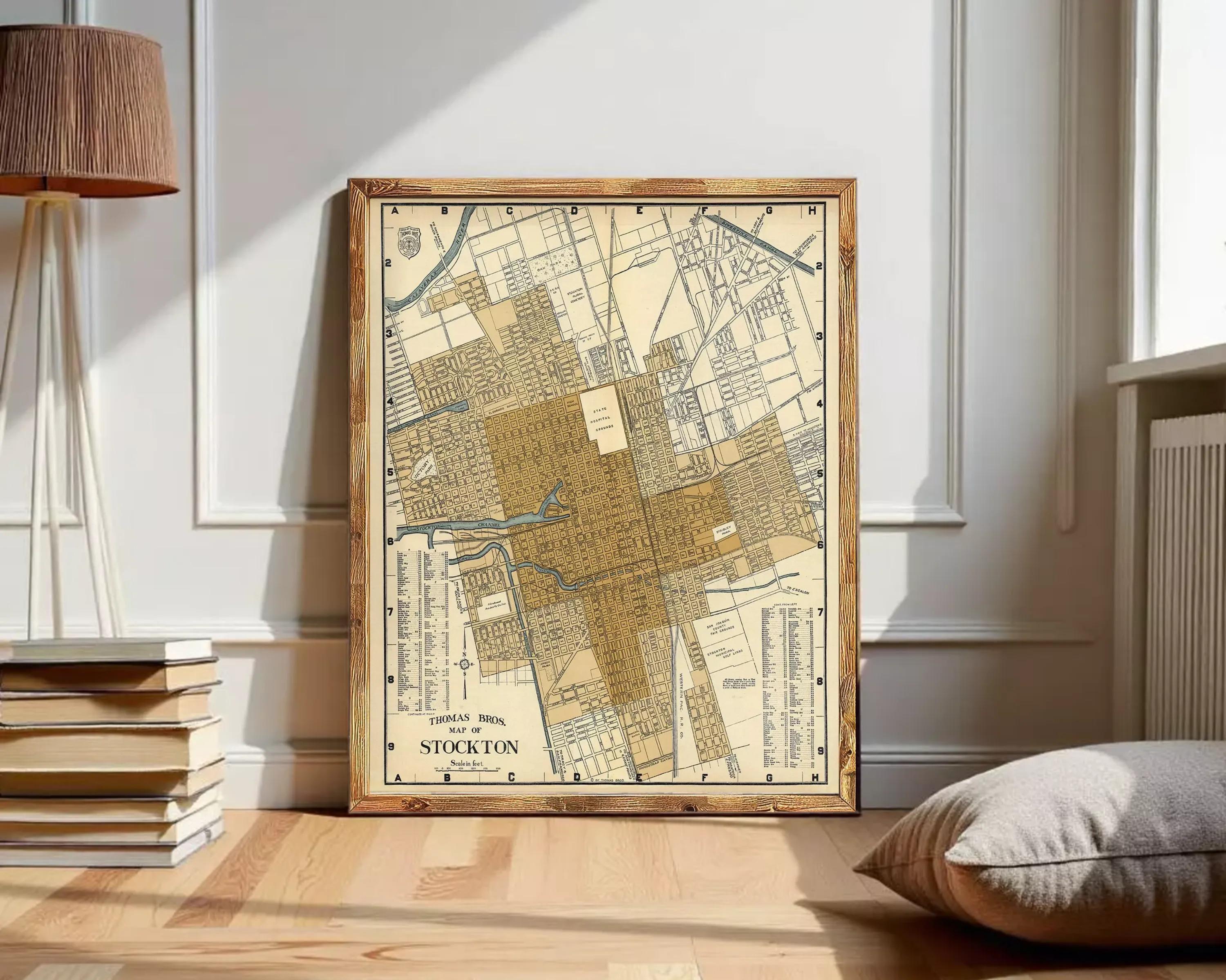 The image is a framed map of Stockton, California, depicting the city's layout and surrounding areas.
