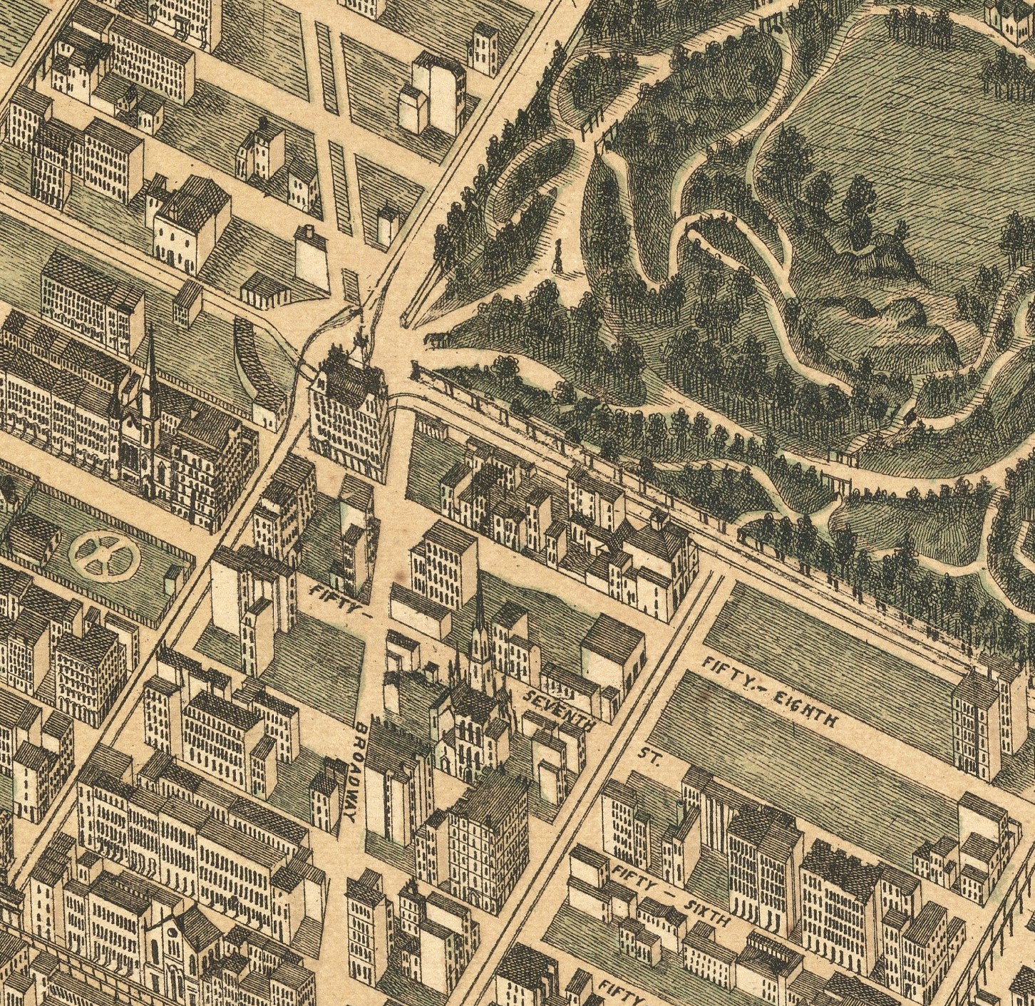 This image is a detailed map of a city, showing streets, buildings, and a park.