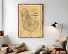 The image is a framed vintage map of Barbados, showing the country's geographical layout and boundaries.