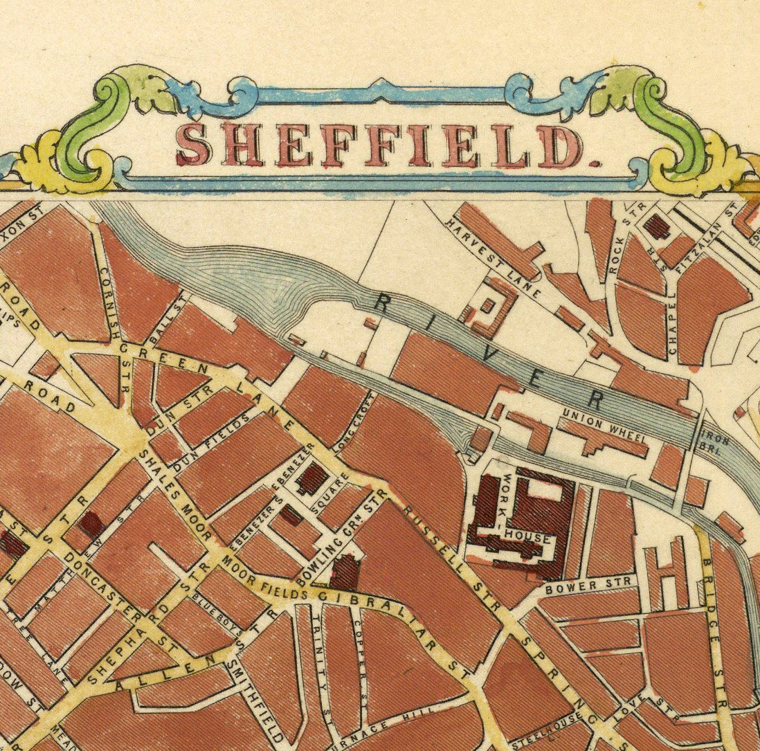 The image is a detailed map of Sheffield, England, showing the city's streets, landmarks, and surrounding areas.