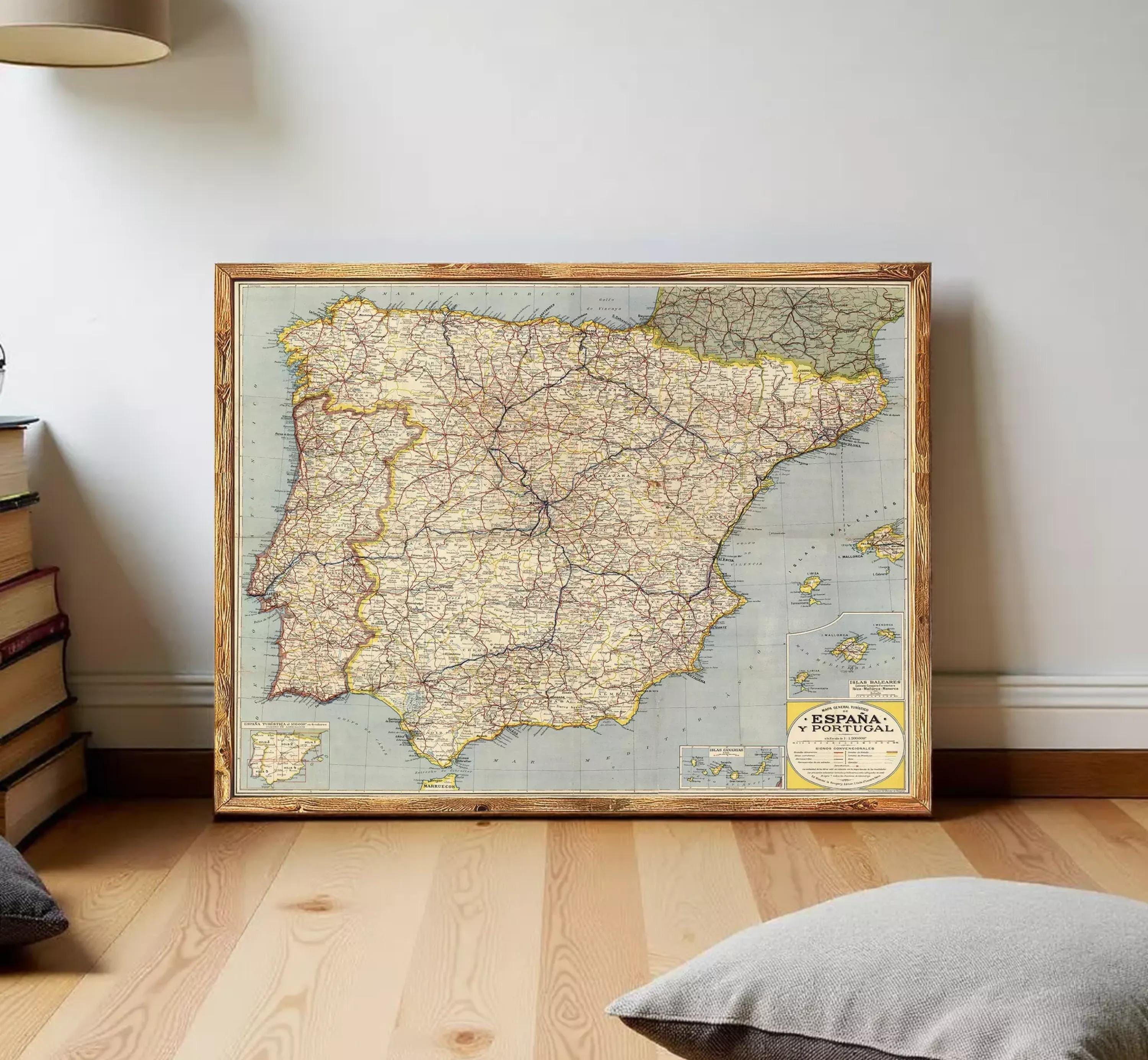 The image is a framed map of Spain, showing the country's geographical layout and major cities.