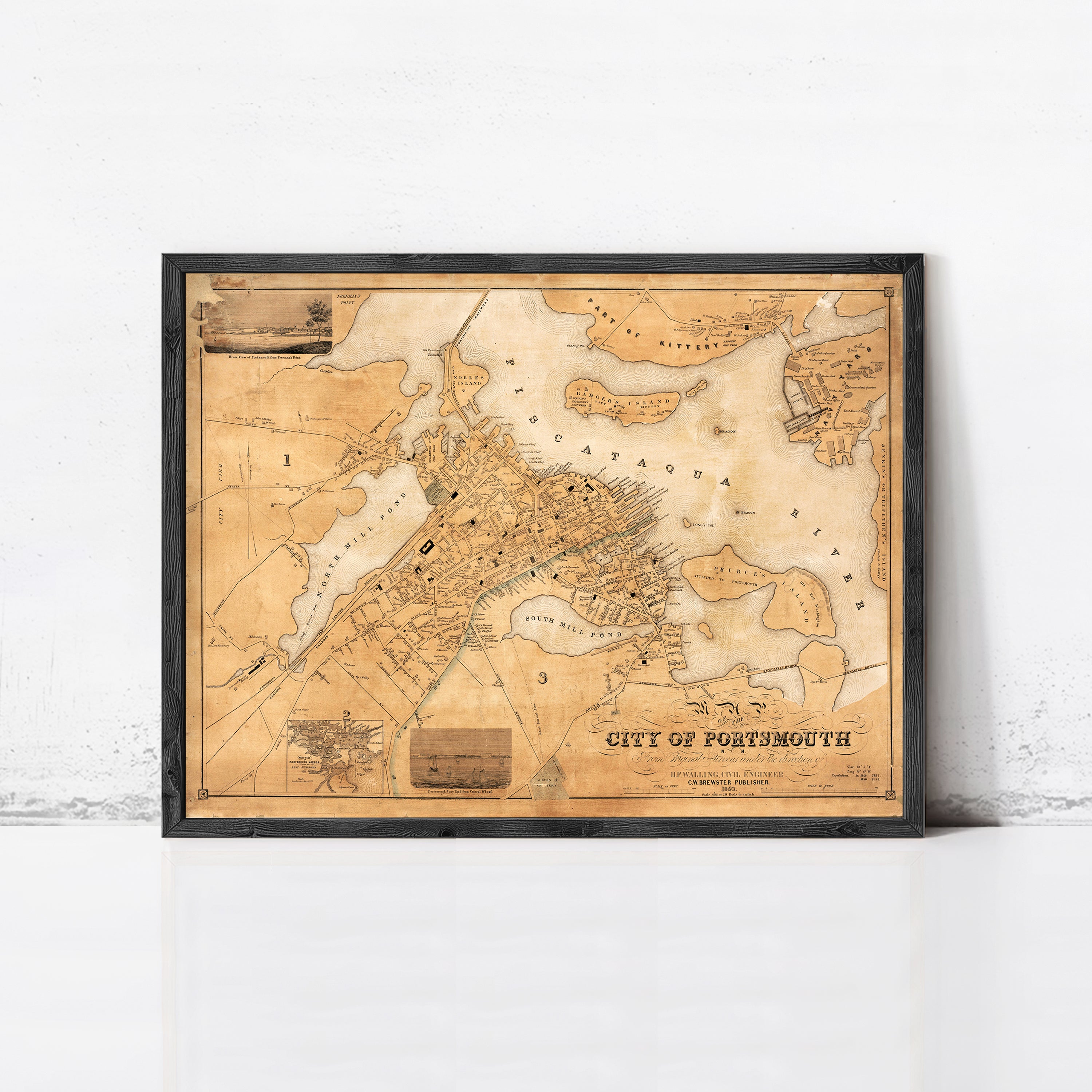The image is a framed antique map of the city of Portsmouth, Massachusetts, dating back to the early 19th century.