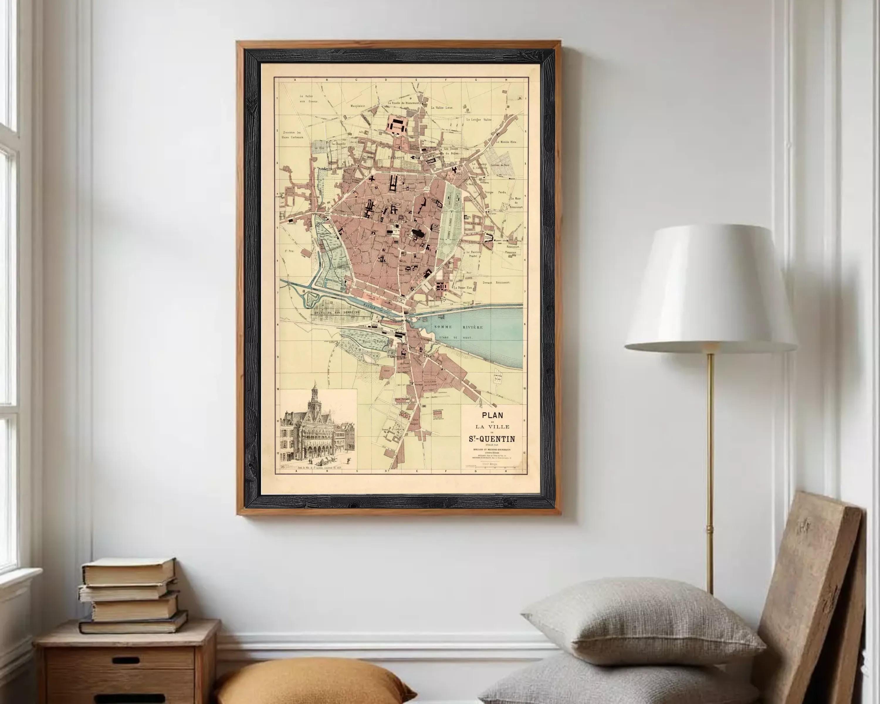 The image is a framed vintage map of a city, depicting a detailed layout of streets, buildings, and other landmarks.