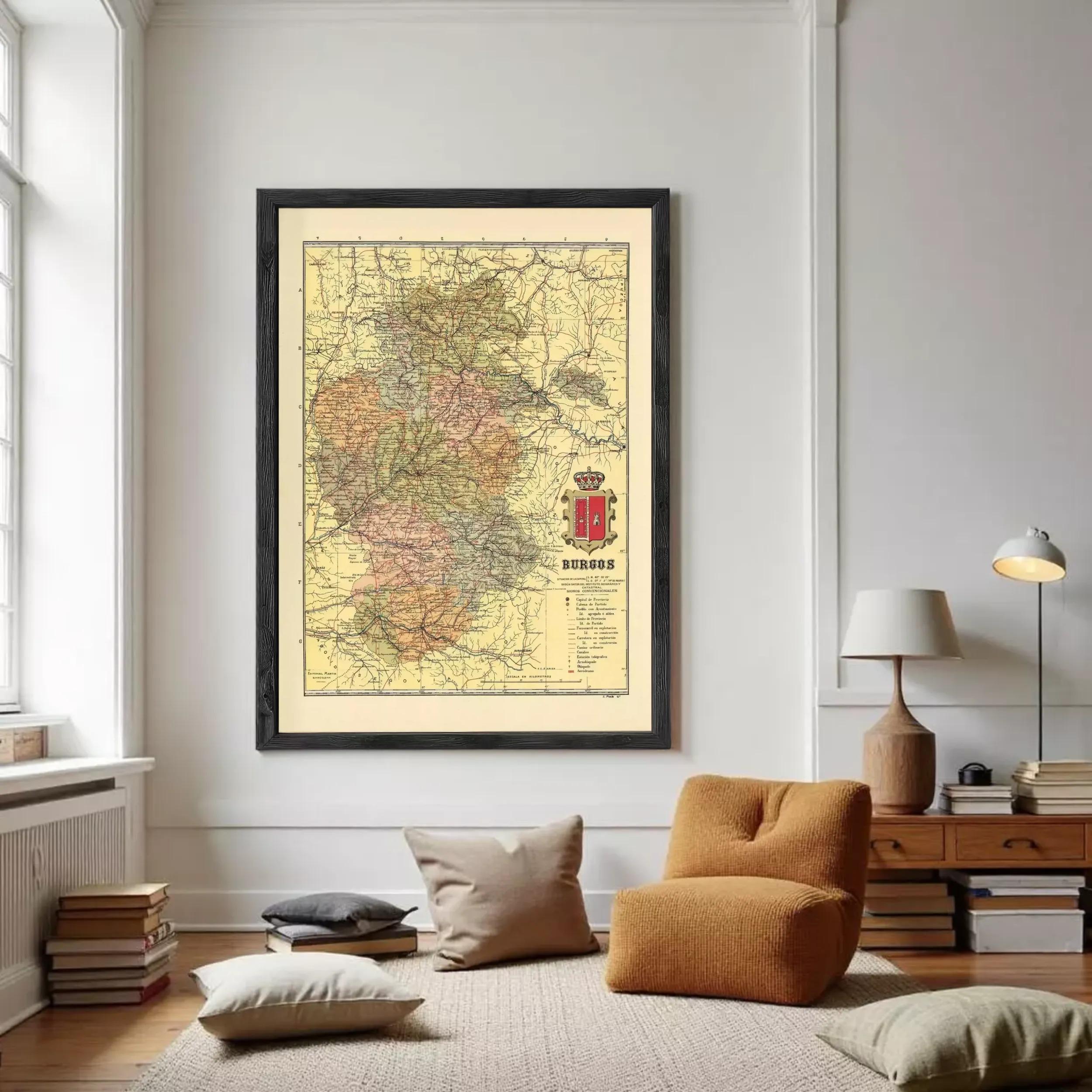 The image is a framed map of Burgos, Spain, with a coat of arms in the bottom right corner.