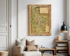 The image is a framed map of a town or city, with various buildings, roads, and other landmarks depicted. The map appears to be old and possibly from a historical period, as indicated by the ornate frame and the presence of text. The image does not contain any specific details about the content or purpose of the map, and it does not provide any additional information beyond the visual elements.
