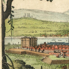 The image is a detailed illustration of a cityscape, featuring a castle, a river, and a hill in the background.