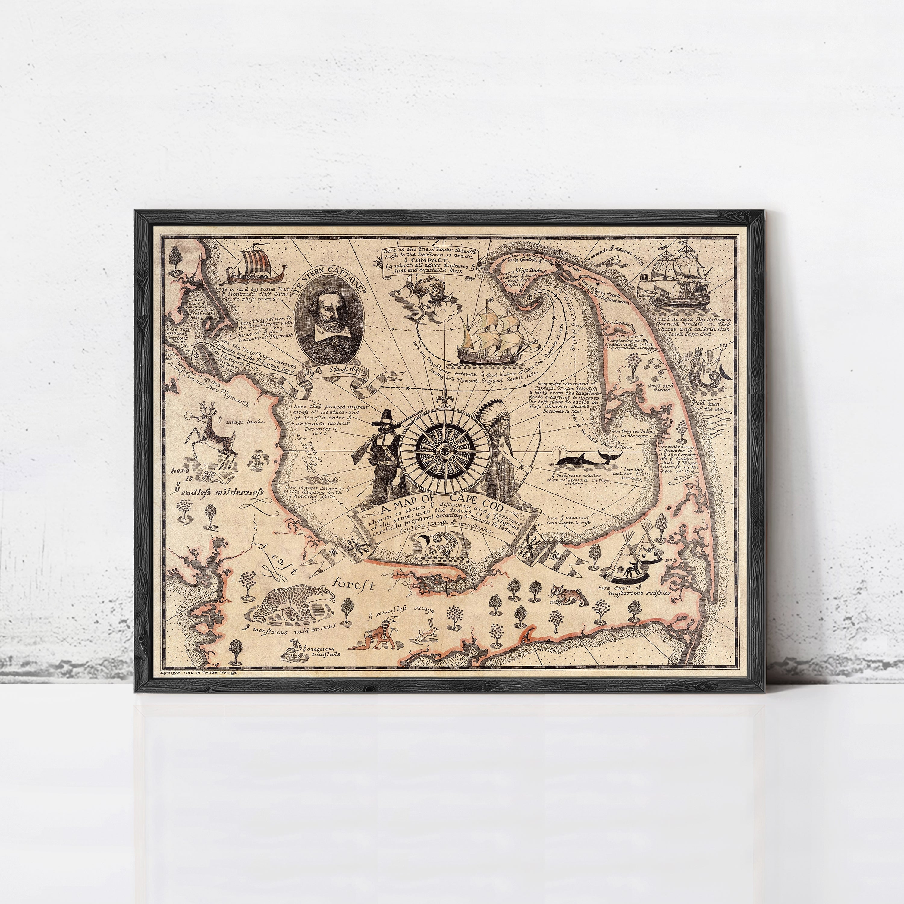 The image is a framed vintage map of the Cape Cod region, featuring various landmarks and geographical features.