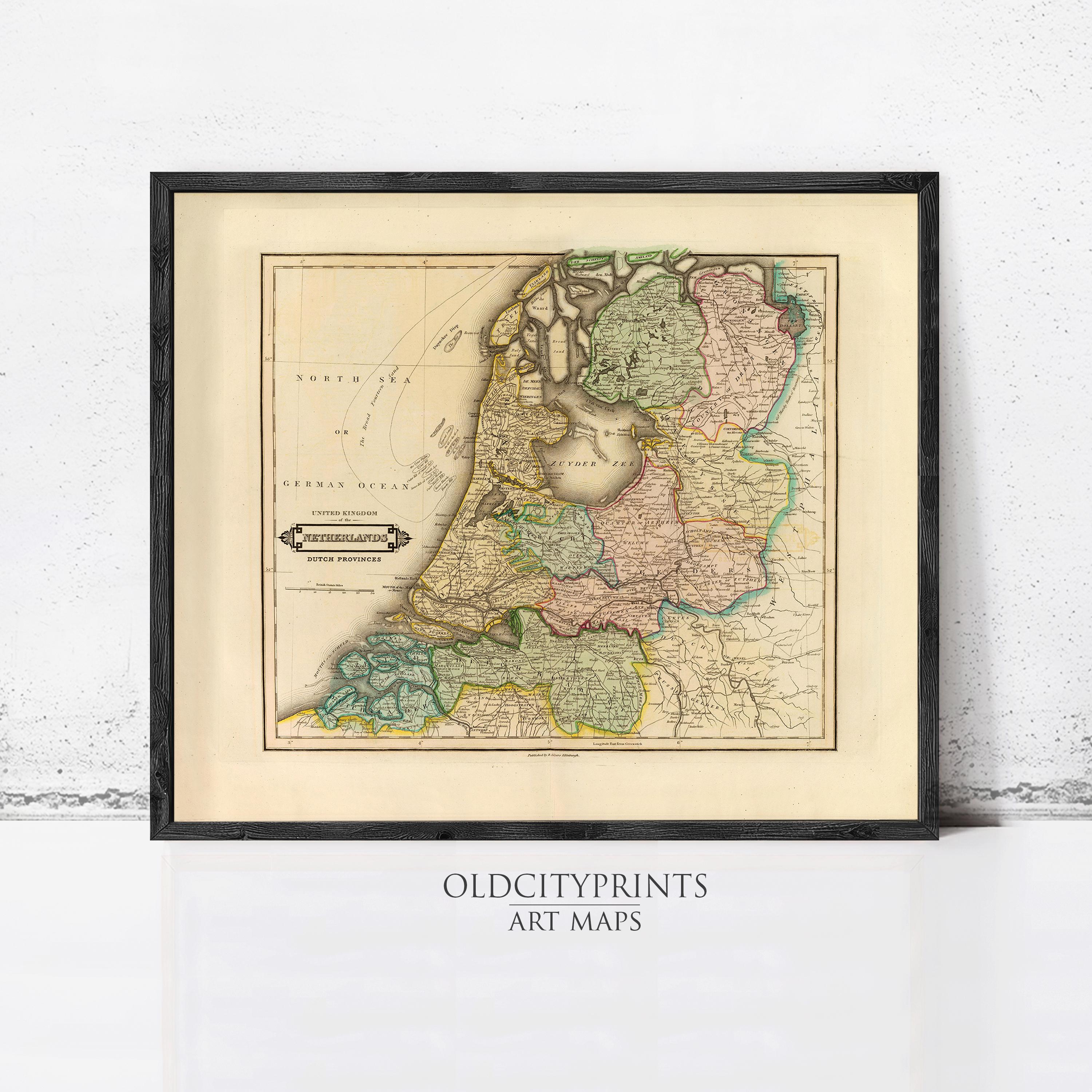 The image is a framed antique map of the North Sea region, depicting the Netherlands, Germany, and the United Kingdom.