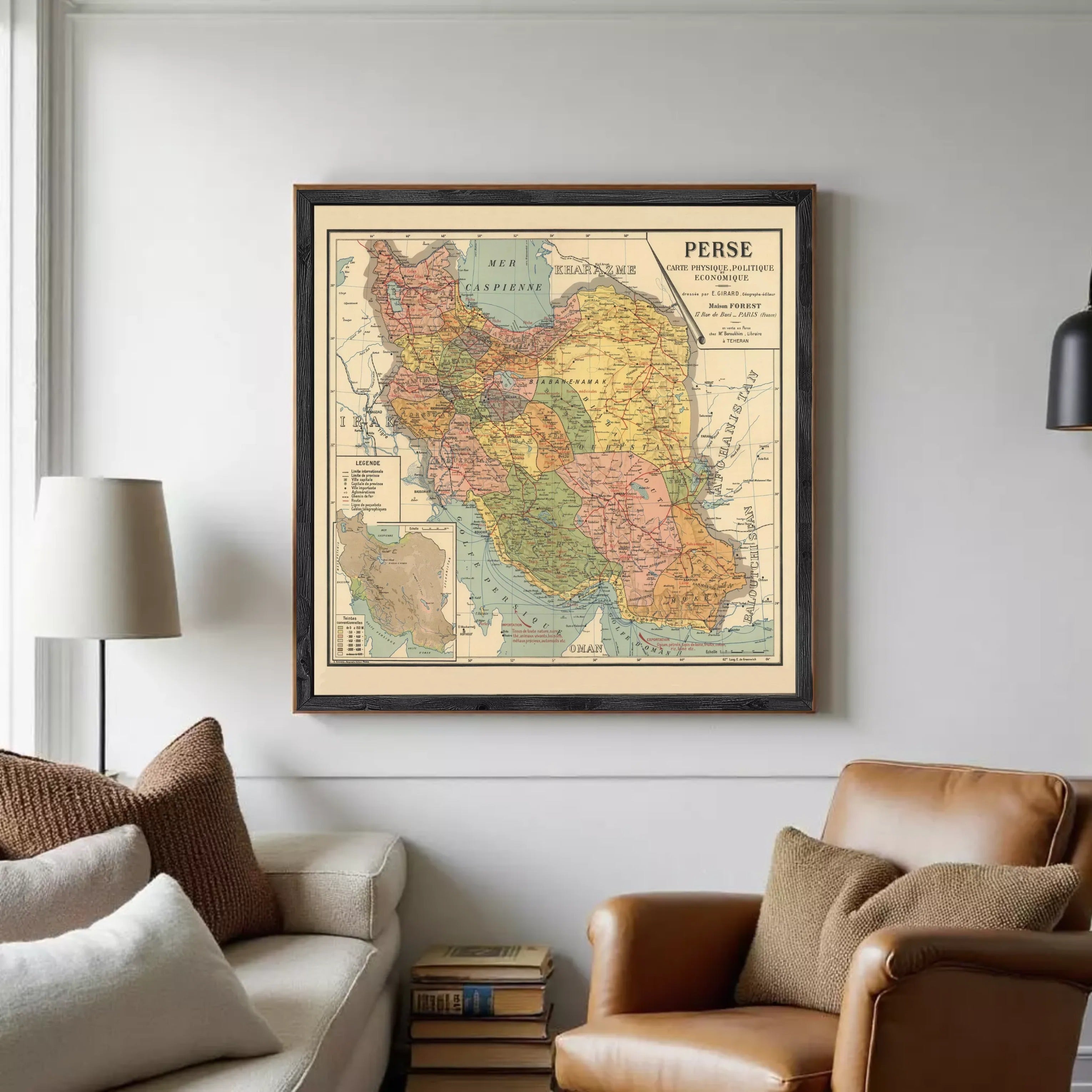 The image is a framed vintage map of Persia, showing the country's geographical layout and boundaries.