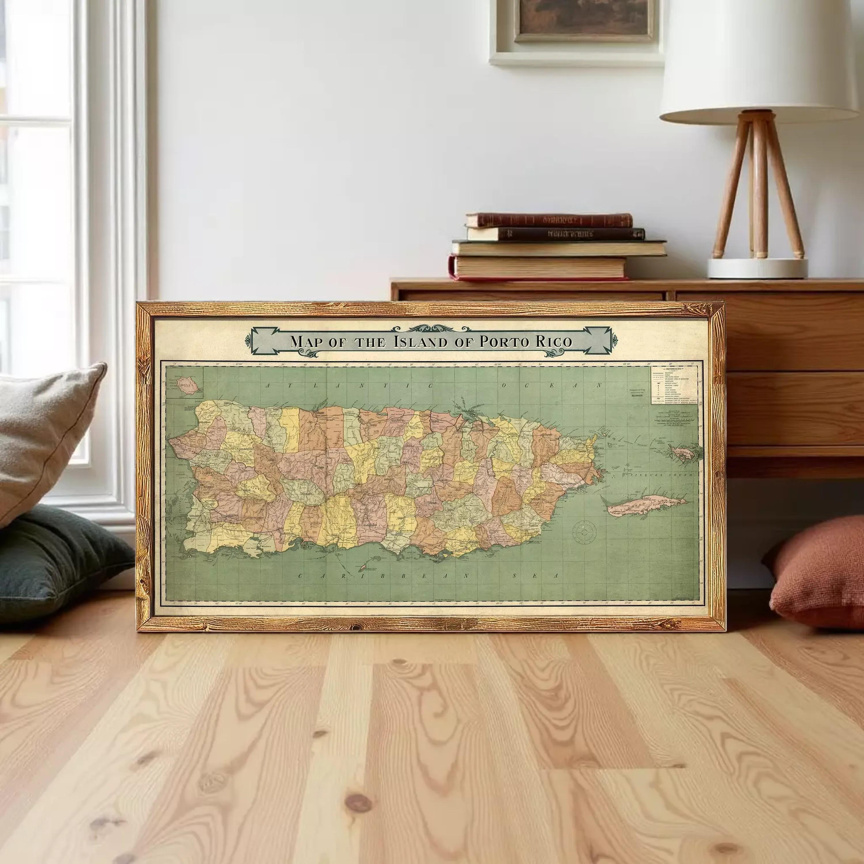 A framed vintage map of the island of Puerto Rico, depicting the country's geographical layout and boundaries.