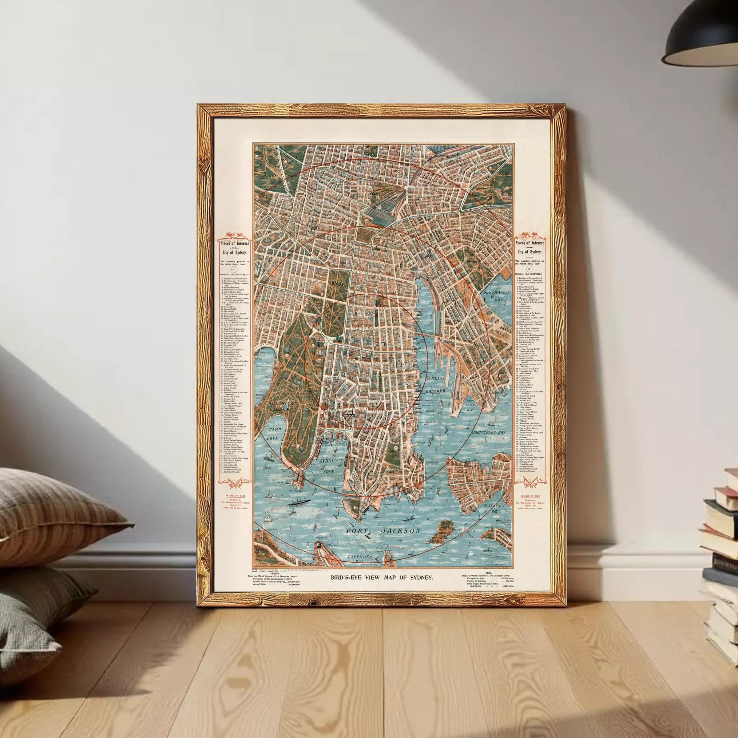 The image is a framed vintage map of Sydney, Australia, depicting the city's streets and landmarks.