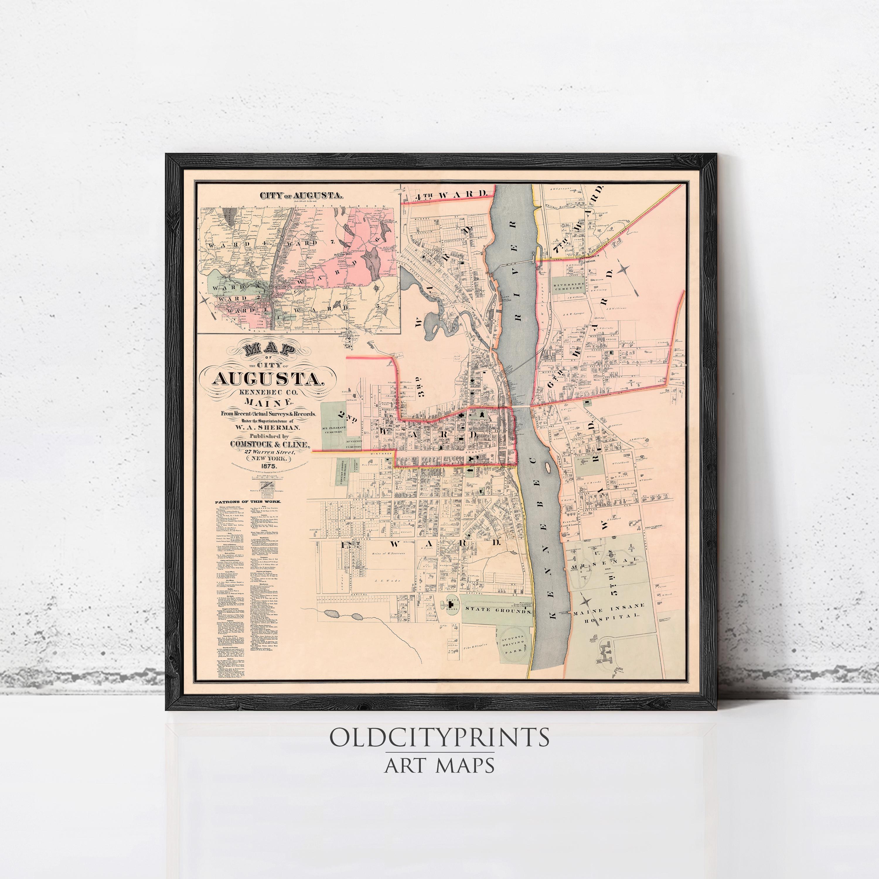 The image is a framed vintage map of the city of Augusta, Maine, dated from 1873.