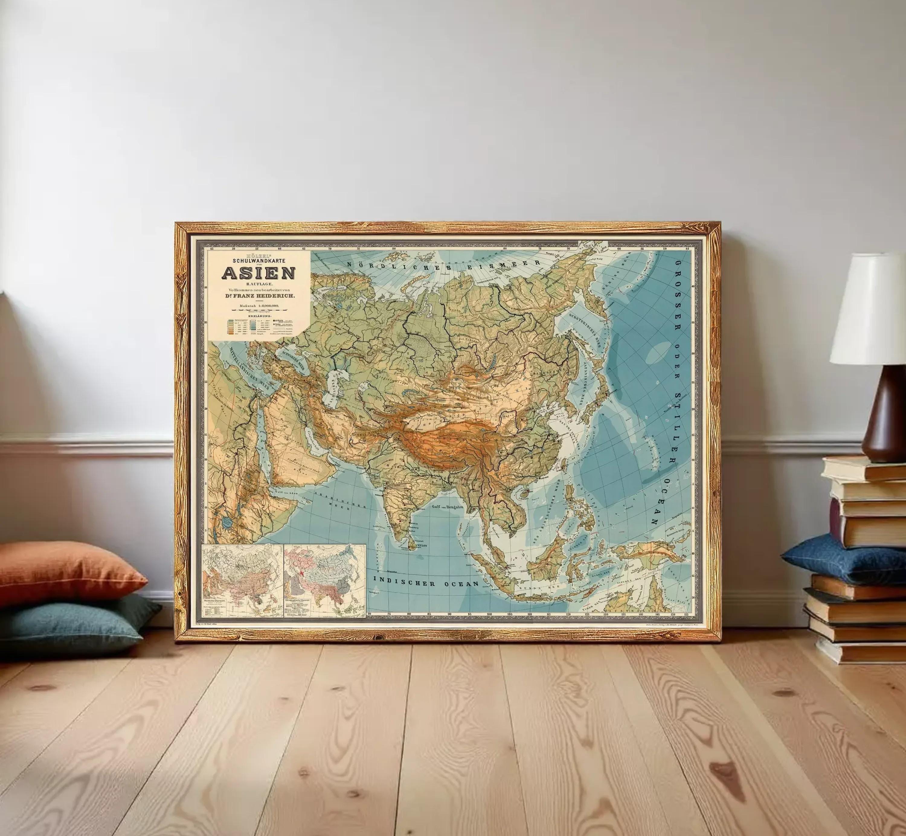 The image is a framed vintage map of Asia, depicting the countries and major geographical features of the region.