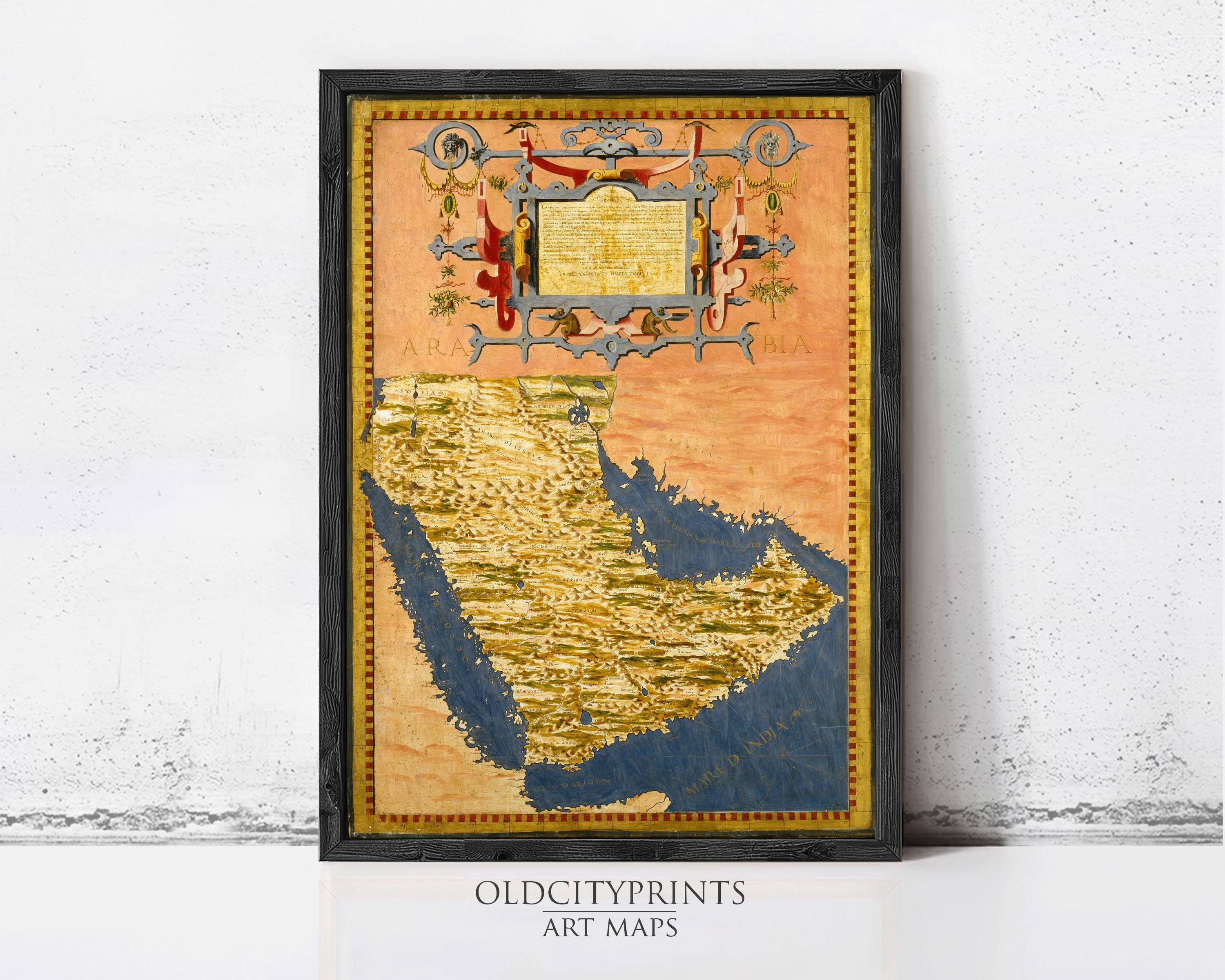 The image is a framed art print depicting a map of a region, with intricate designs and patterns surrounding the map.