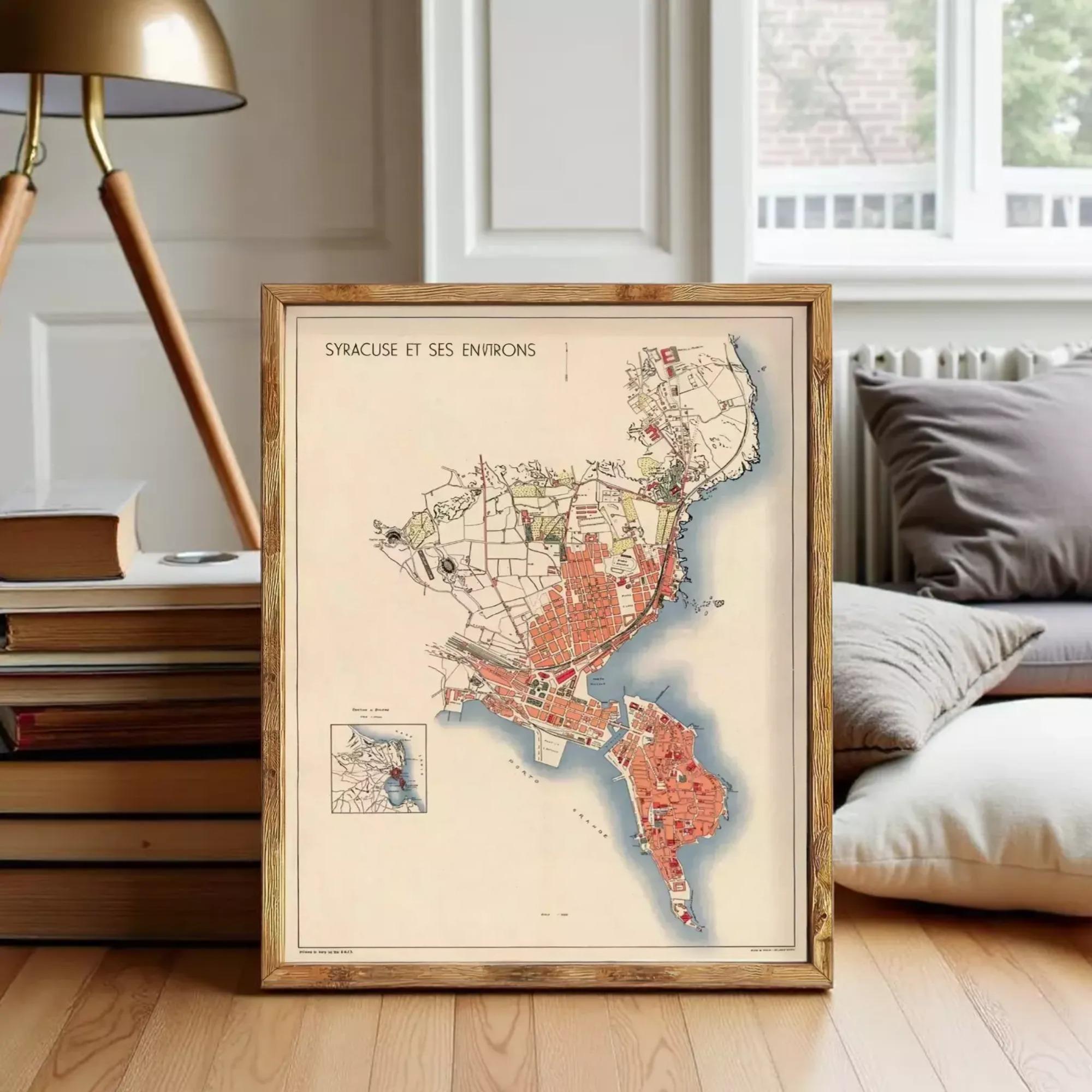 a framed map of the city of Syracuse, New York, with a wooden frame and a vintage style.