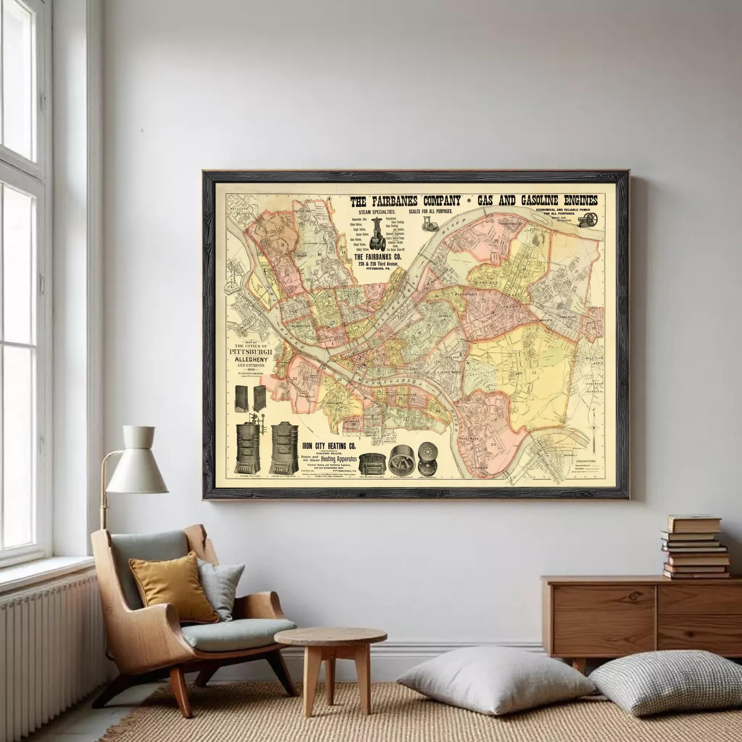 The image is a framed vintage map of the Fairbanks, Alaska area, depicting the Fairbanks Railway Company and its gas and oil engines.