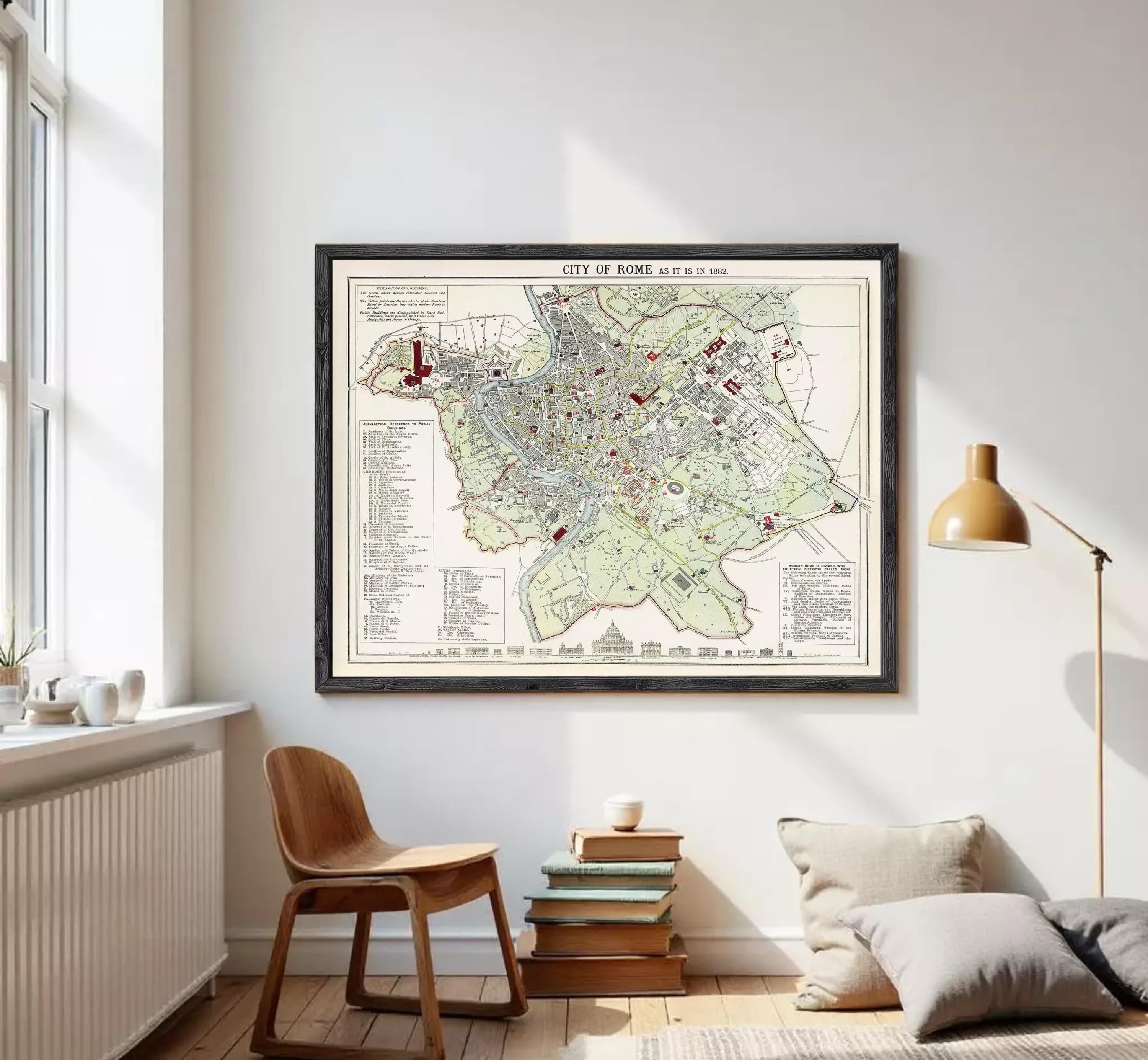 The image is a framed vintage map of the city of Rome, Italy, depicting the layout and various landmarks of the city.