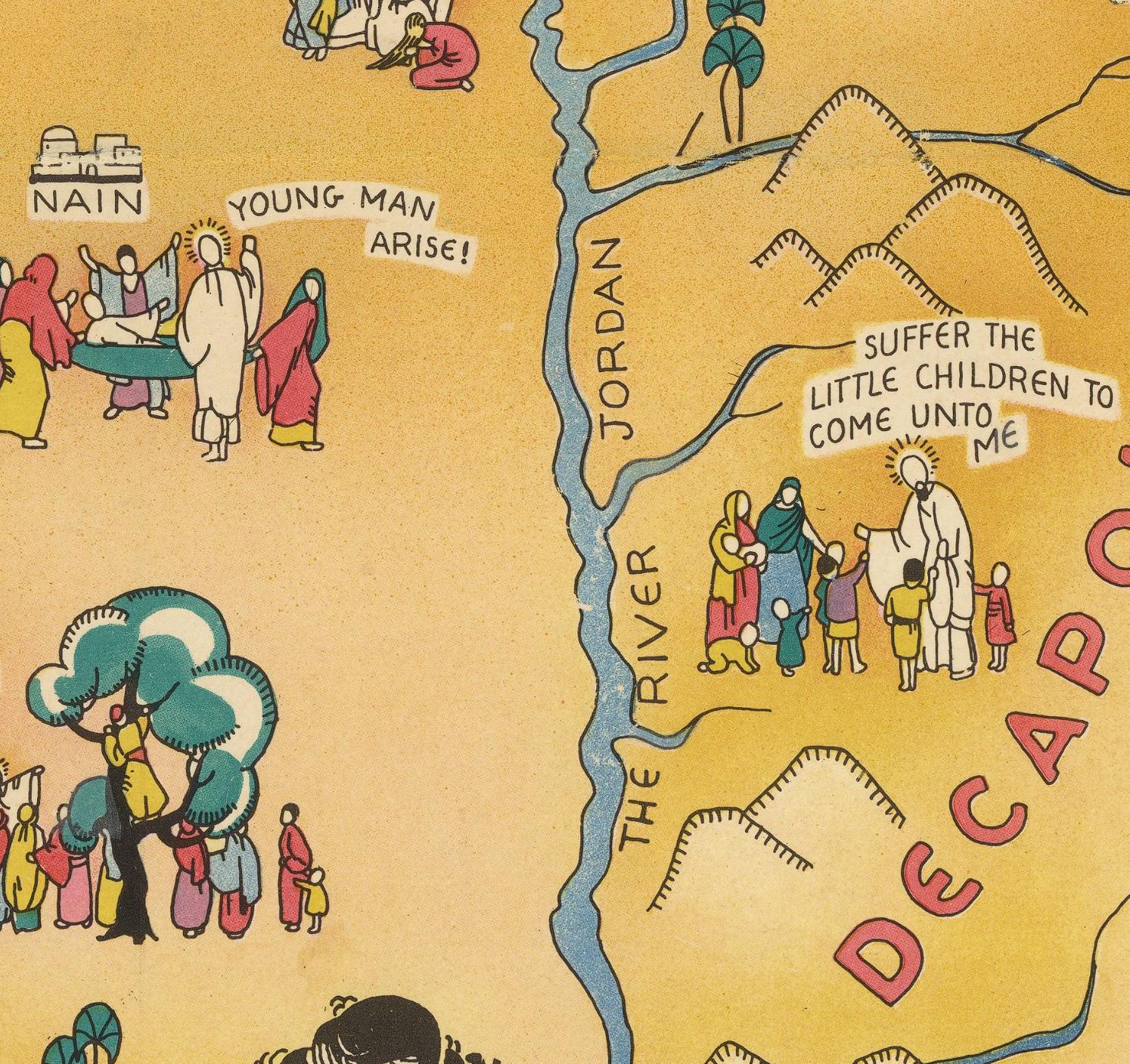 The image is a colorful illustration depicting various scenes and characters, including a young man, a river, and people in different poses.