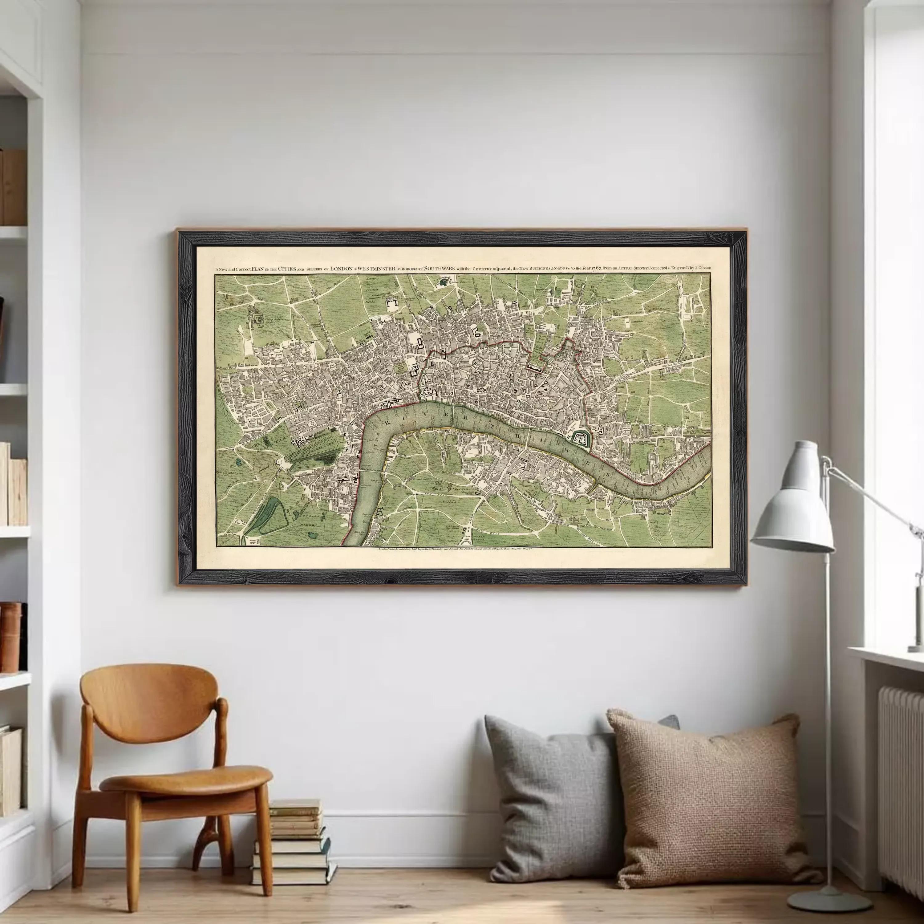 The image is a framed vintage map of London, England, depicting the city's layout and surrounding areas.