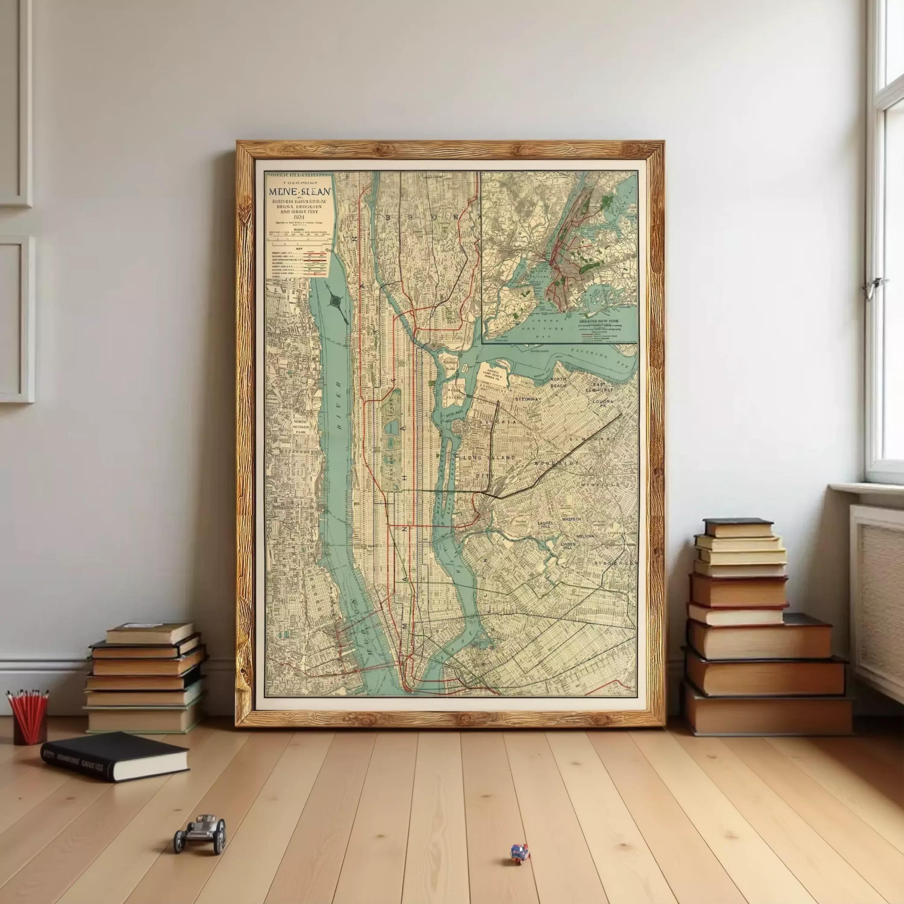 a large framed map of New York City, with a stack of books and a toy car on the floor in front of it.