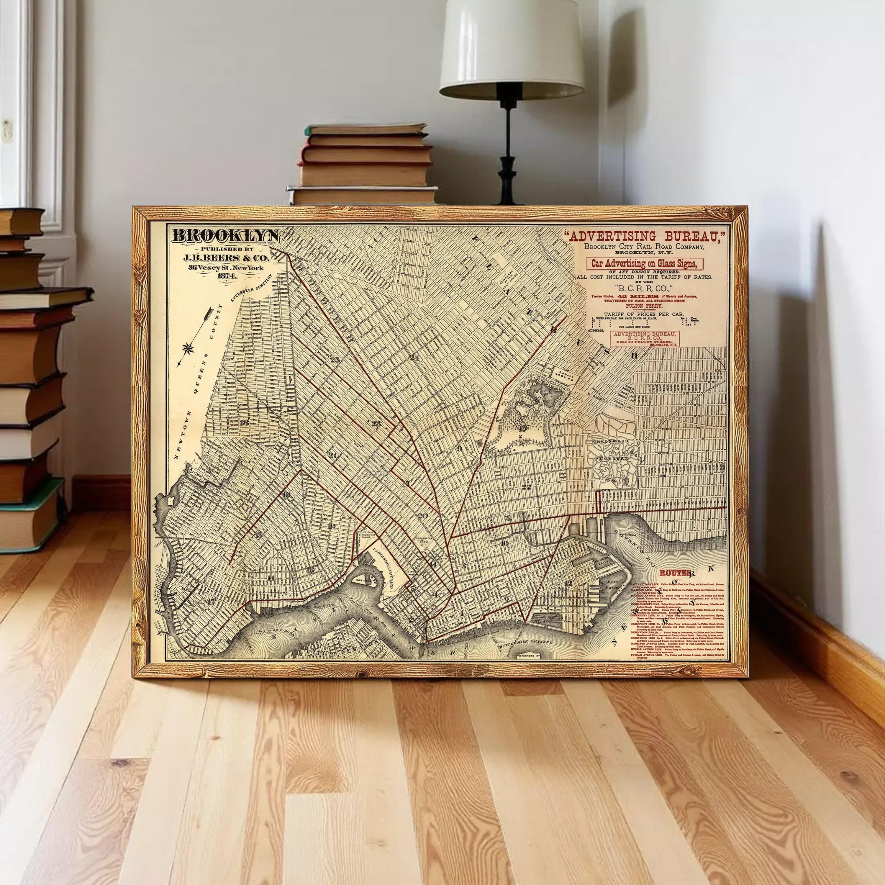 A framed map of Brooklyn, New York, with a vintage style and detailed street layout.