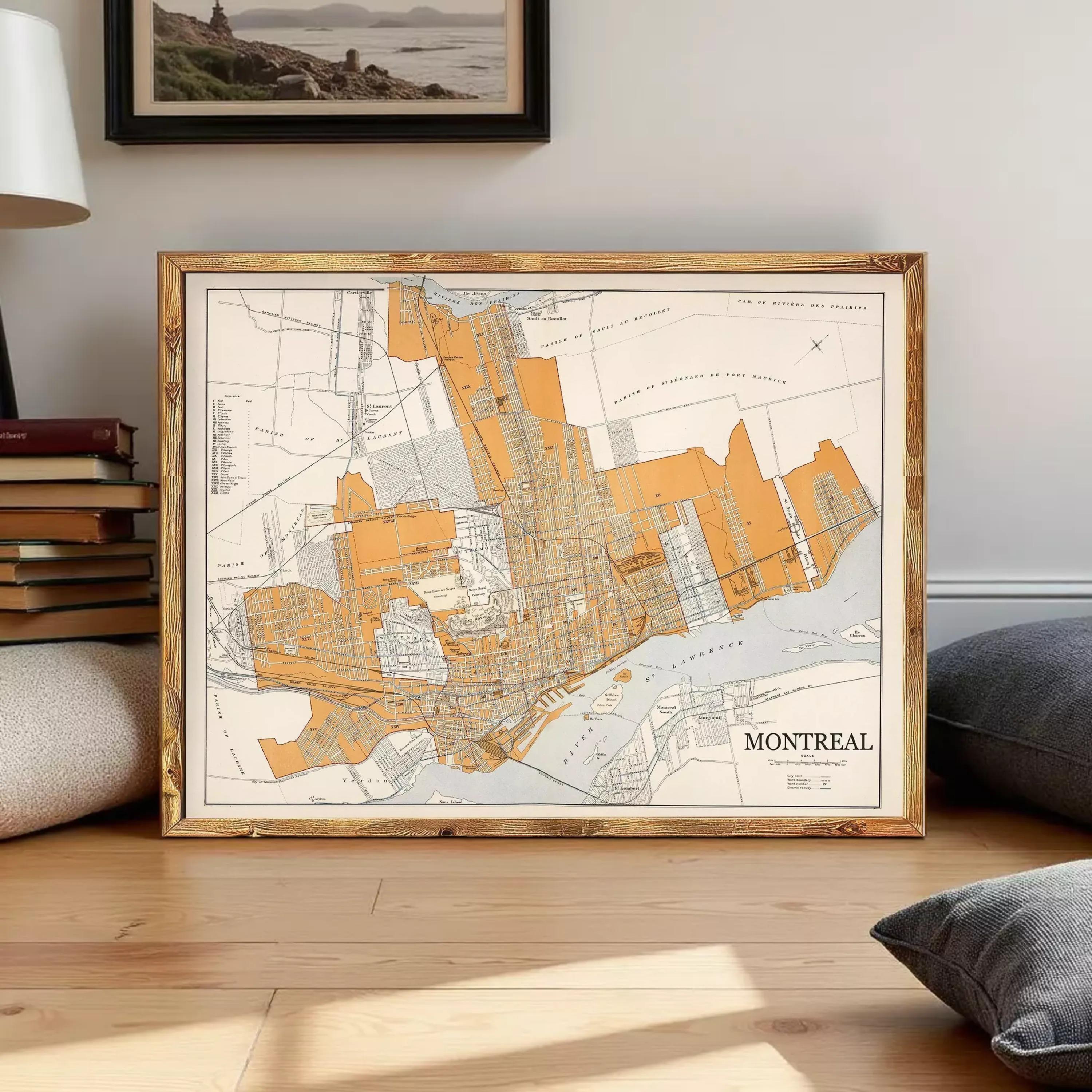 a framed map of Montreal, Canada, with a wooden frame and a vintage-style design.