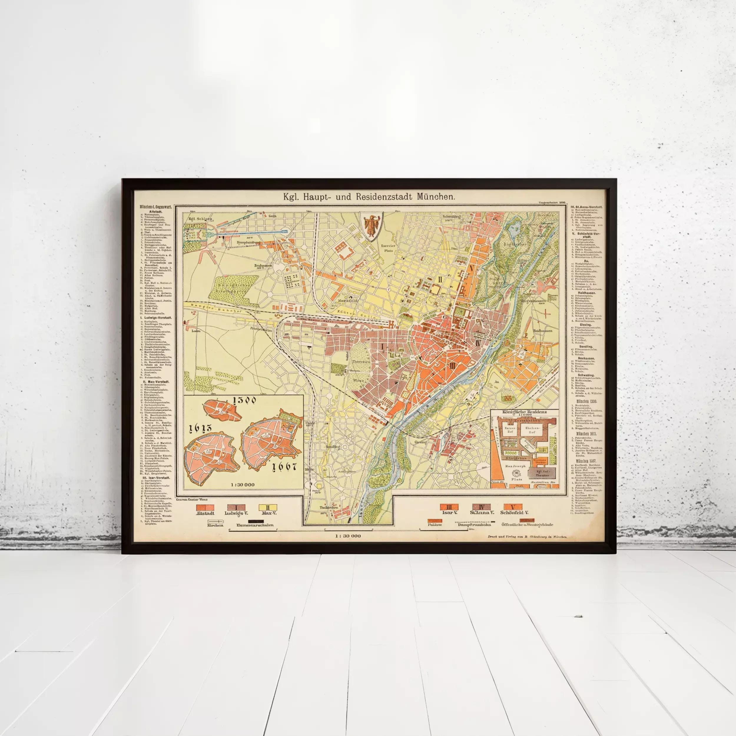The image is a framed map of the city of Munich, Germany, dated 1855.
