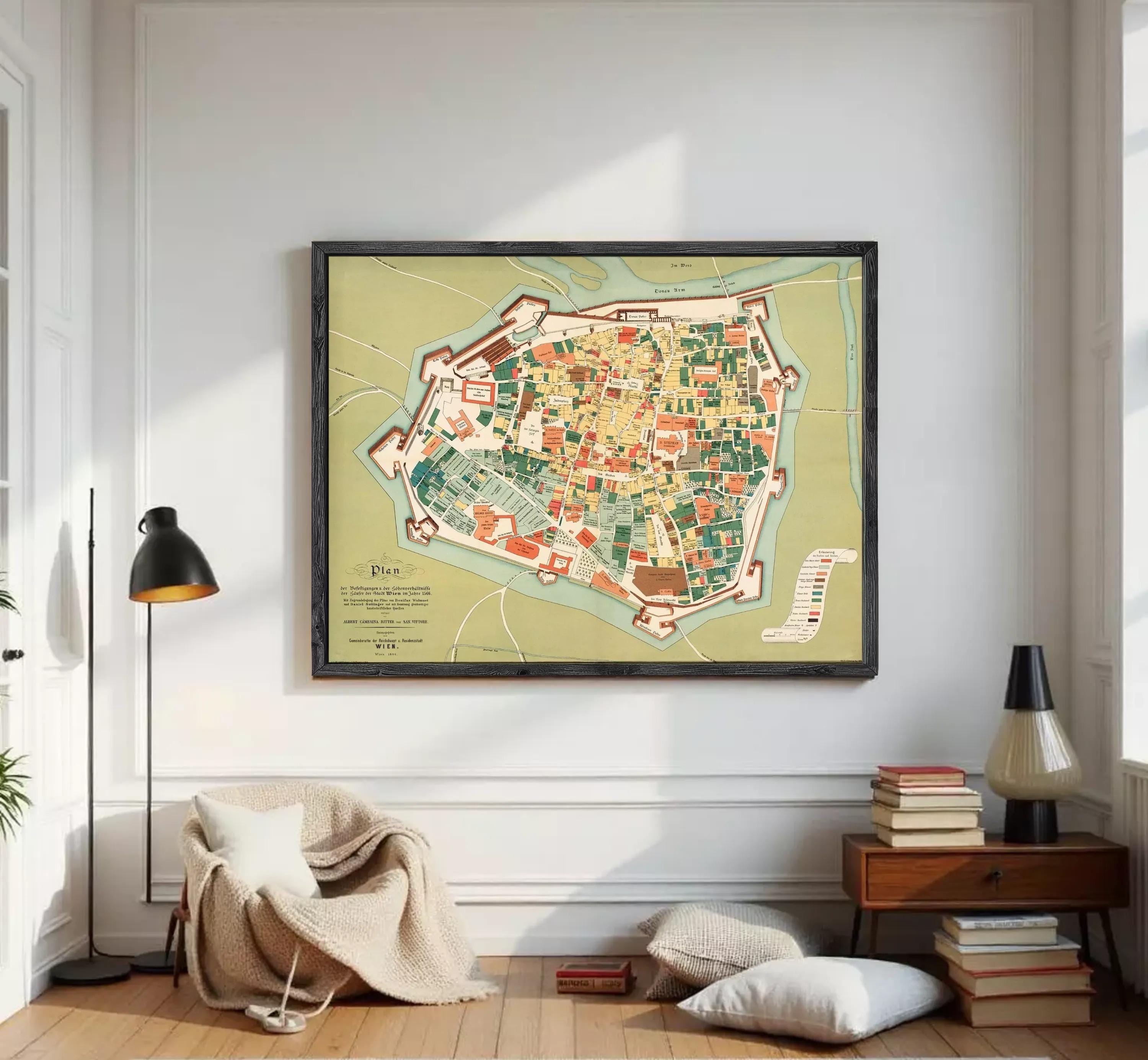 The image is a framed map of a city, depicting a detailed layout of the streets, buildings, and other urban features.