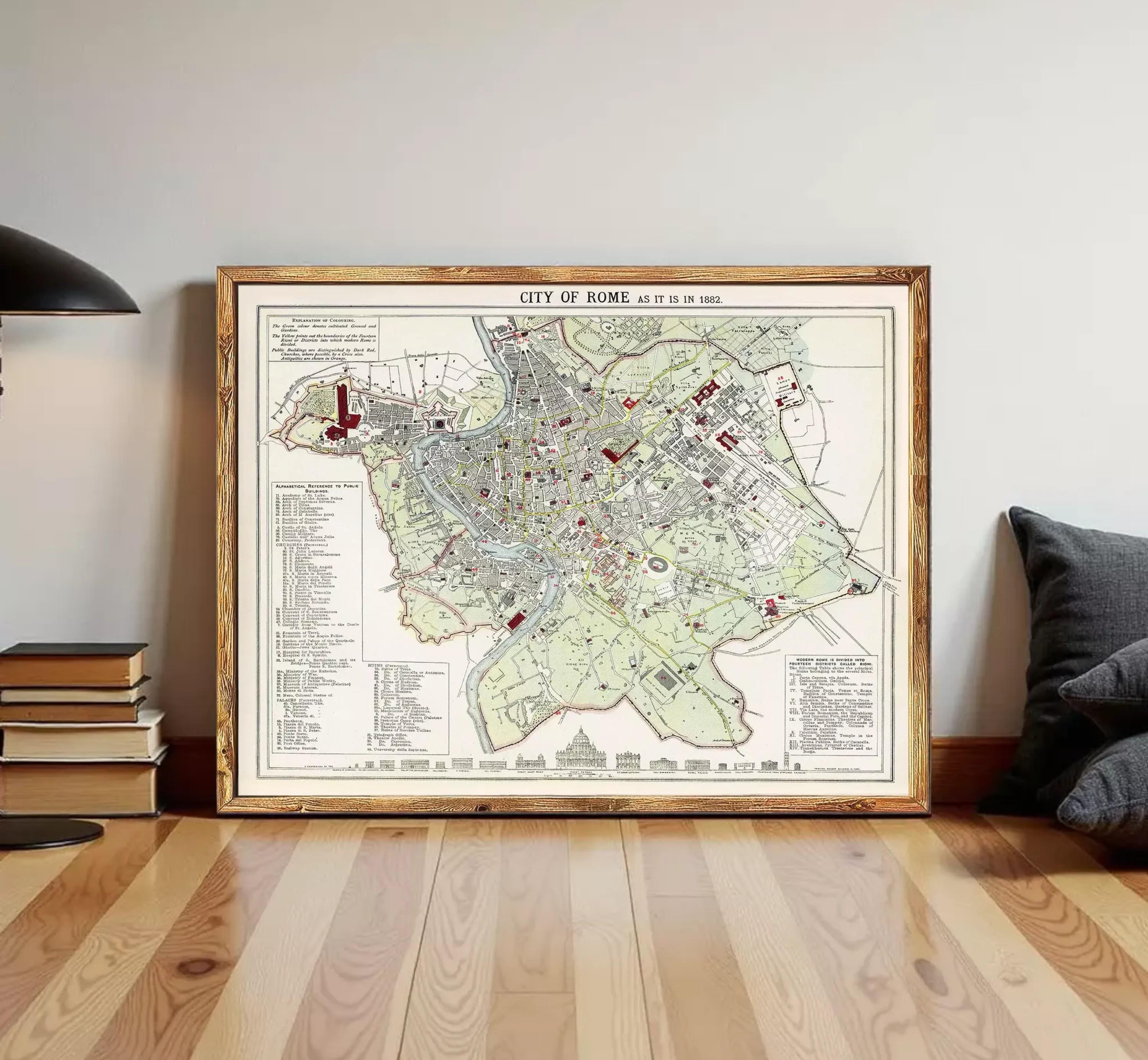 The image is a framed vintage map of the city of Rome, Italy, depicting the layout and various landmarks of the city.