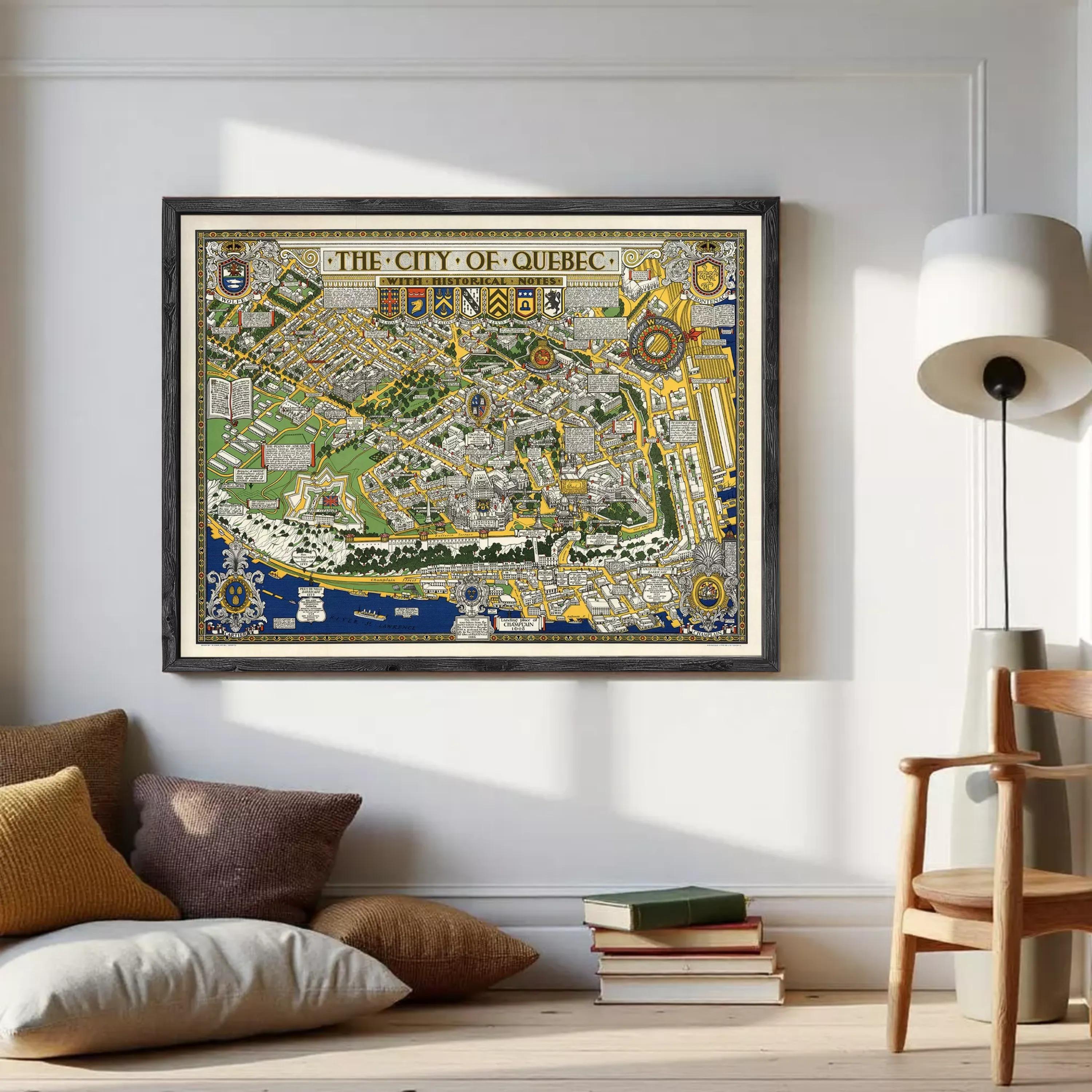 The image is a framed vintage map of the city of Quebec, Canada.