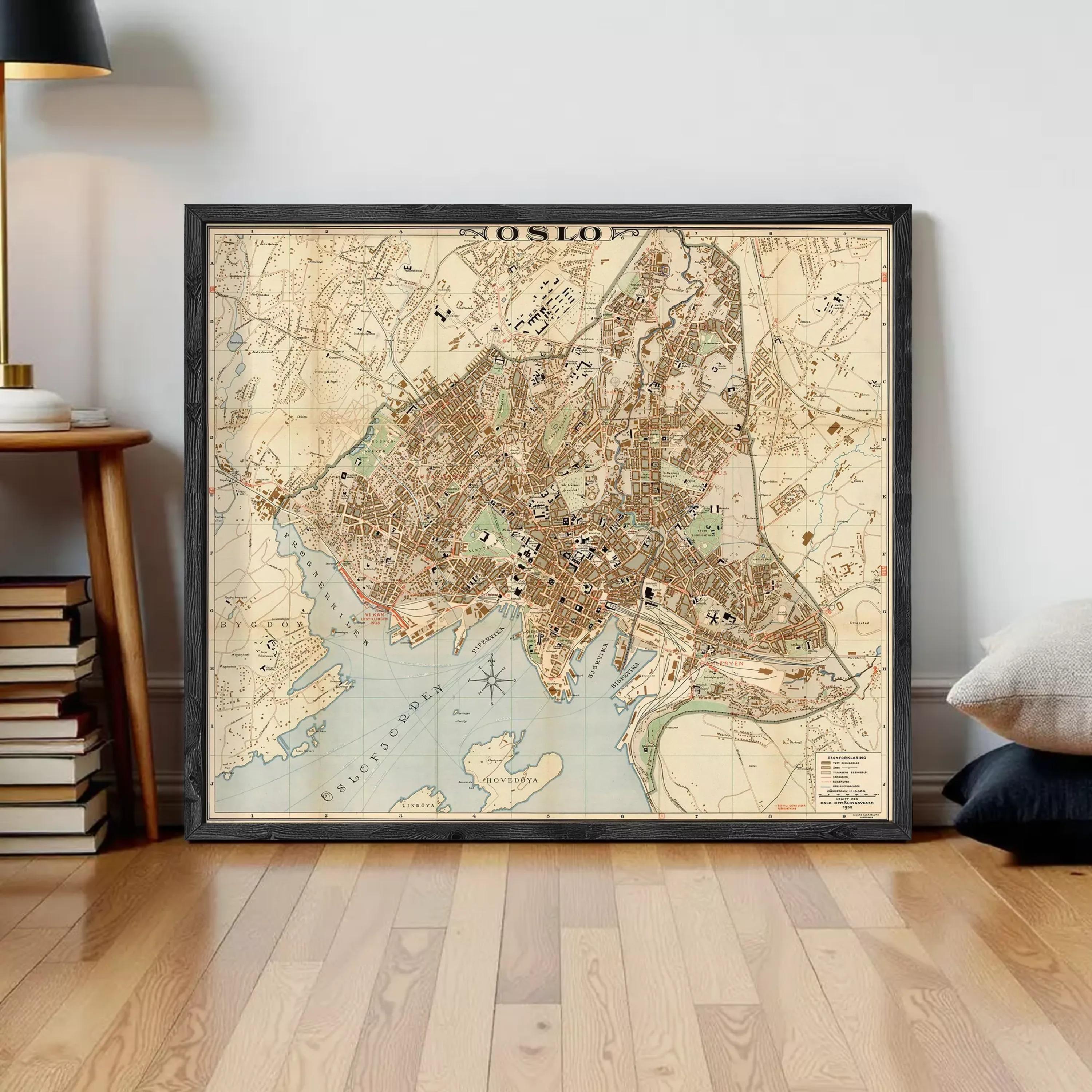 The image is a framed map of the city of Oslo, Norway.