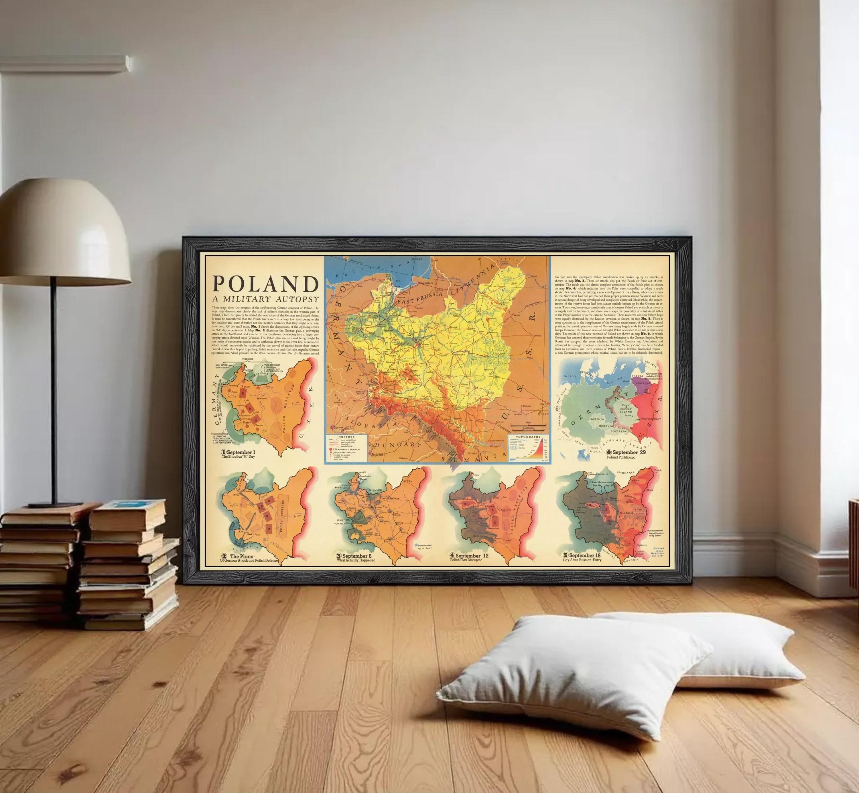 A framed map of Poland, depicting the country's military autony or military history, with various maps and labels showing different regions and zones within Poland.