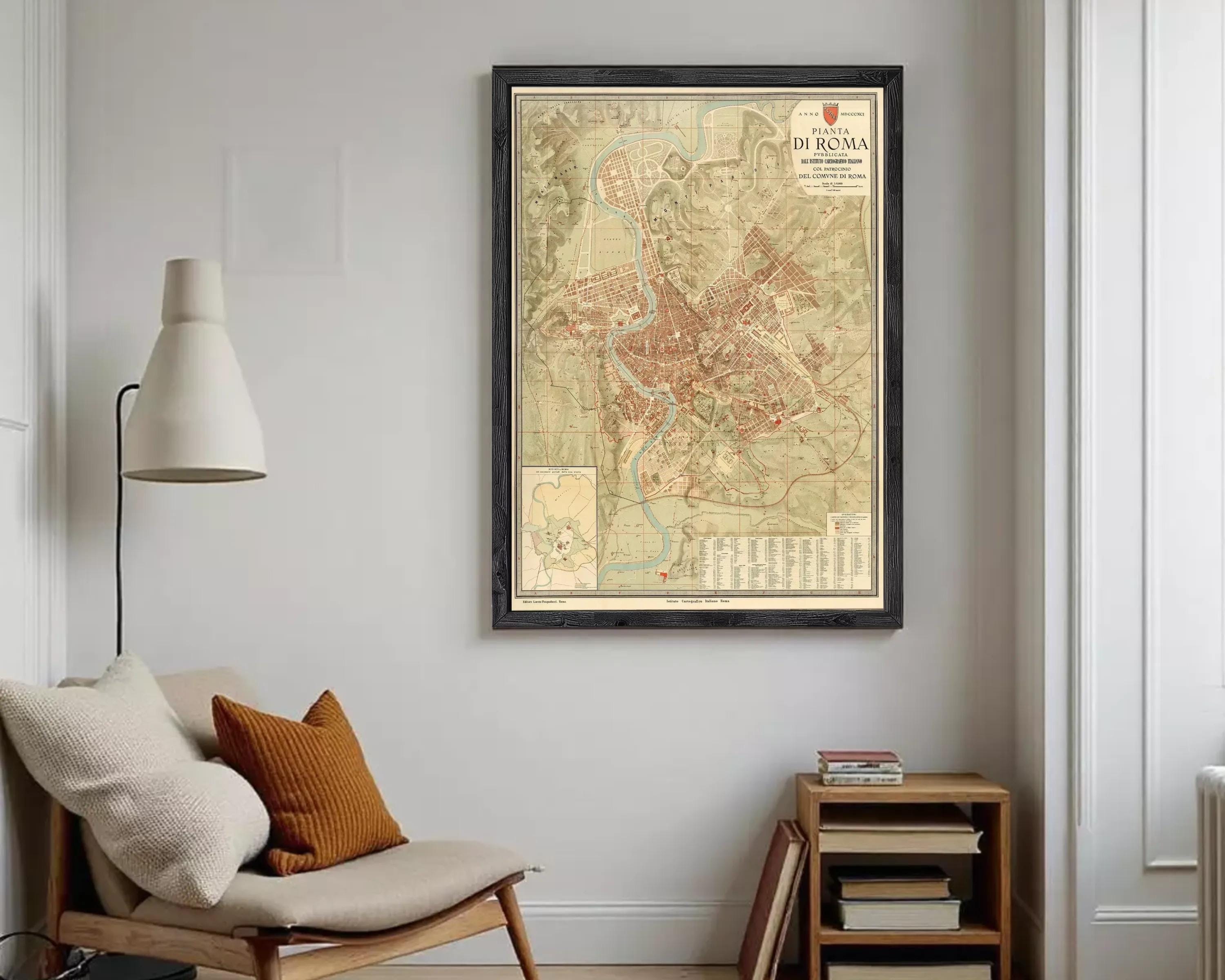 a framed map of Rome hanging on a wall in a living room.