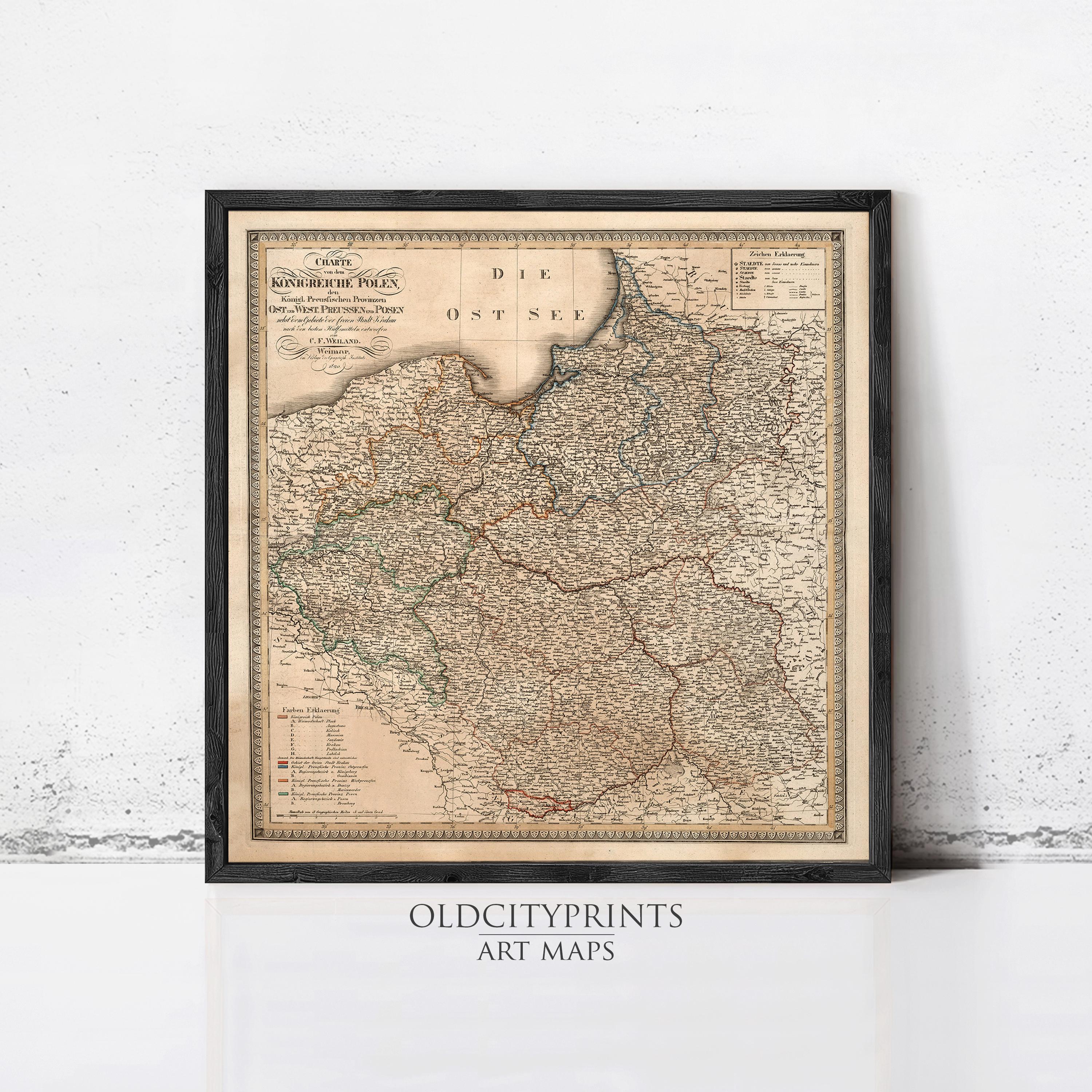 The image is a framed antique map of the Polish region, featuring detailed geographical information and a color scheme of brown and green.