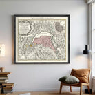 The image is a framed vintage map of Europe, depicting various countries and regions in a detailed and intricate manner.
