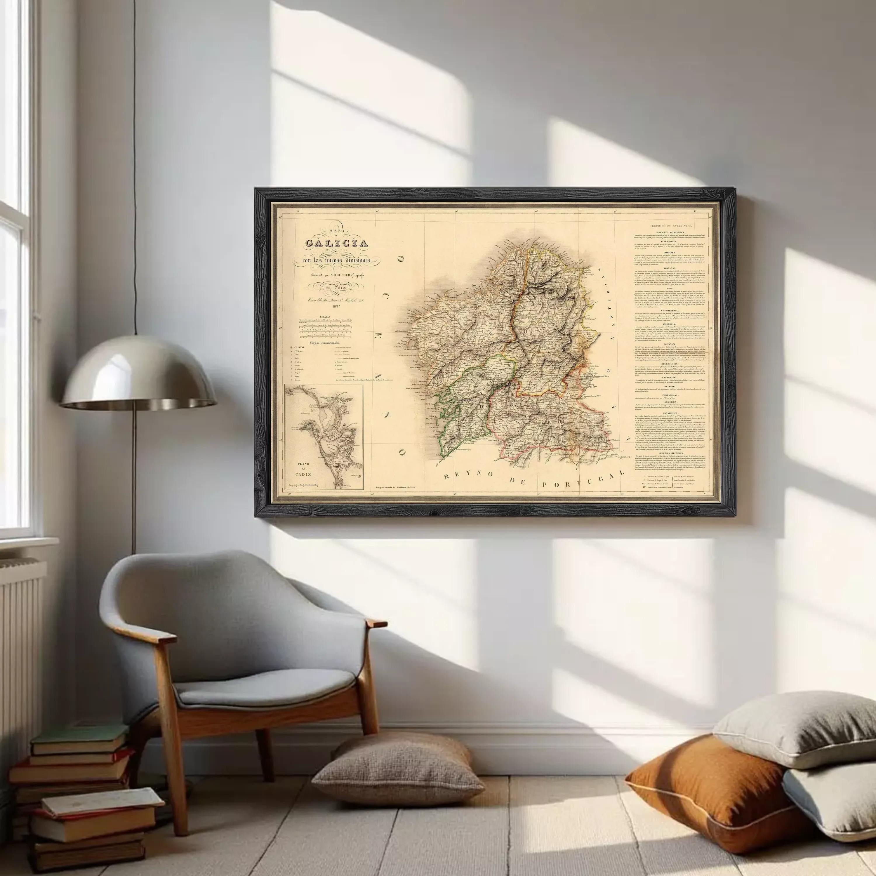 The image is a framed vintage map of the Galicia region, which is a part of the Iberian Peninsula.