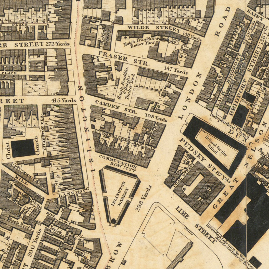 The image is a detailed old map of London, showing street names, landmarks, and various buildings.